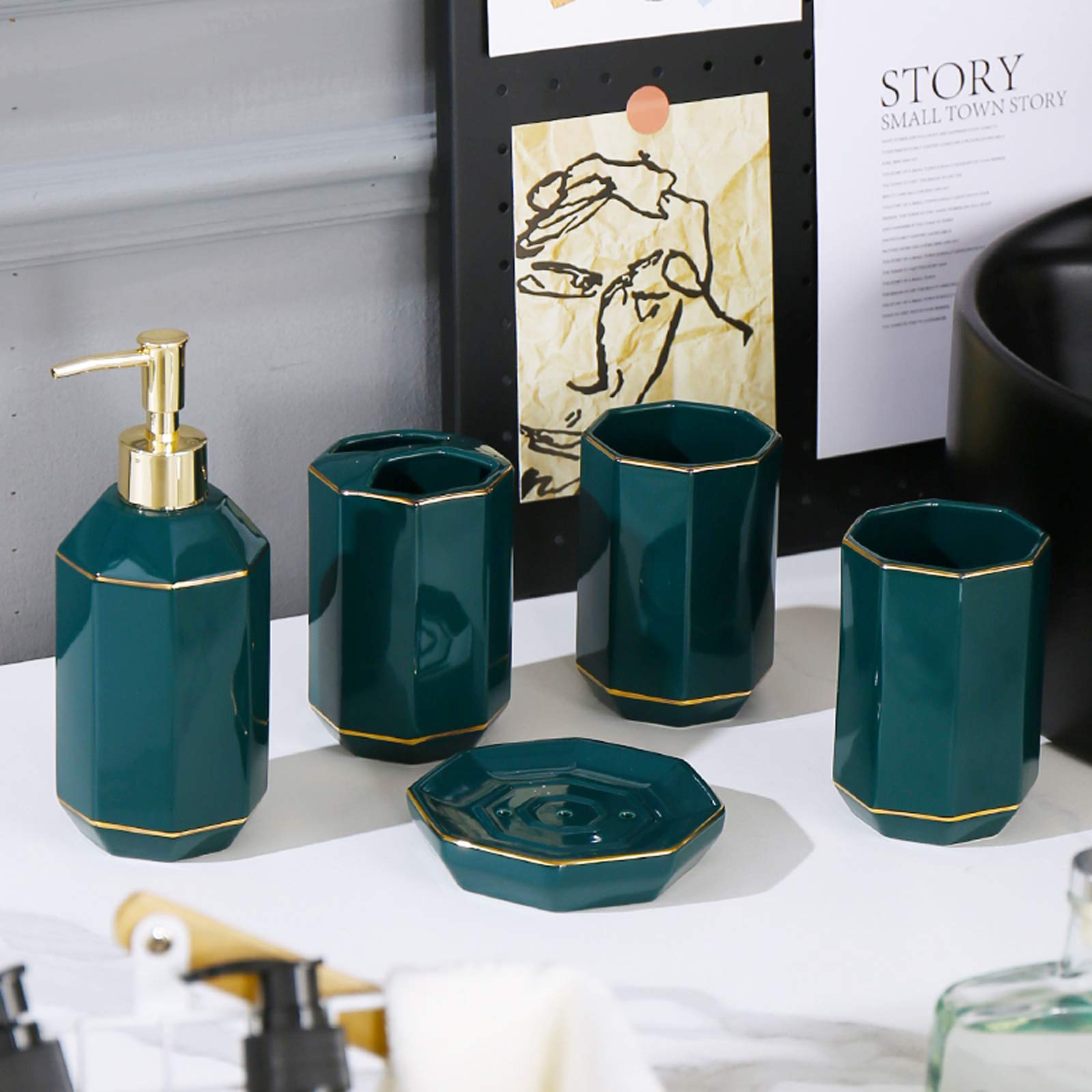 6-Piece Ceramic Bathroom Accessories Set - Soap Dispenser, Toothbrush Holder, Tumbler & Soap Dish with Drain Hole - Malachite Green - Perfect for Modern Bathrooms, Guest Baths & Spa-Style Decor