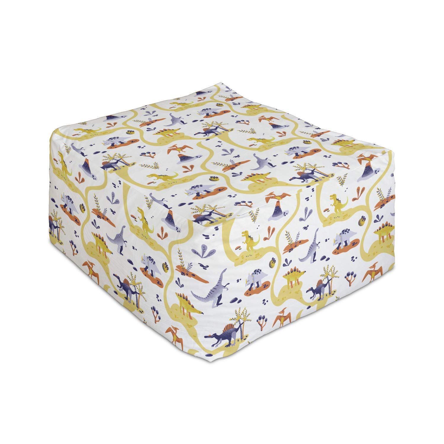Ambesonne Dino Rectangle Pouf Ottoman - T-Rex Cartoon Pattern Foot Rest Stool with Removable Cover, 25 Inch, White Multicolor - Perfect for Living Room, Office, Bedroom & Dorm Under Desk Comfort