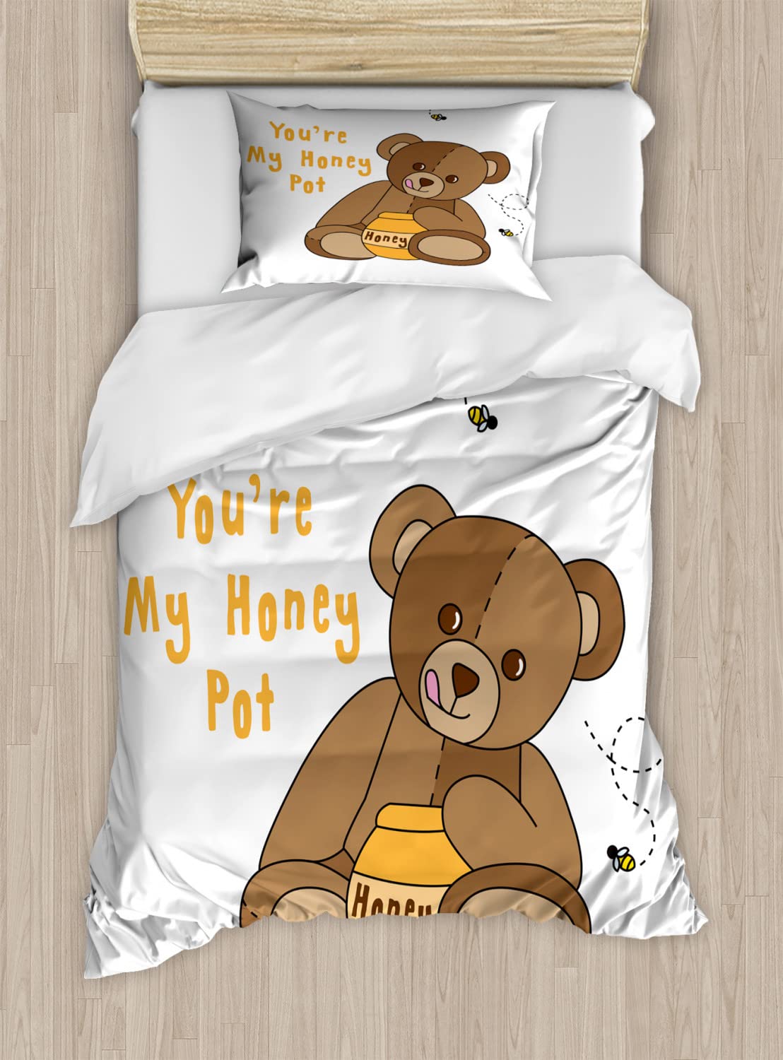 Ambesonne Honey Bee Duvet Cover Set - Queen Size 2-Pack with 2 Duvet Covers & 4 Pillowcases - Cute Teddy Bear & 'You're My Honey Pot' Cartoon Design in Umber Caramel - Perfect for Kids' Rooms, Nursery Decor & Cozy Bedroom Makeovers