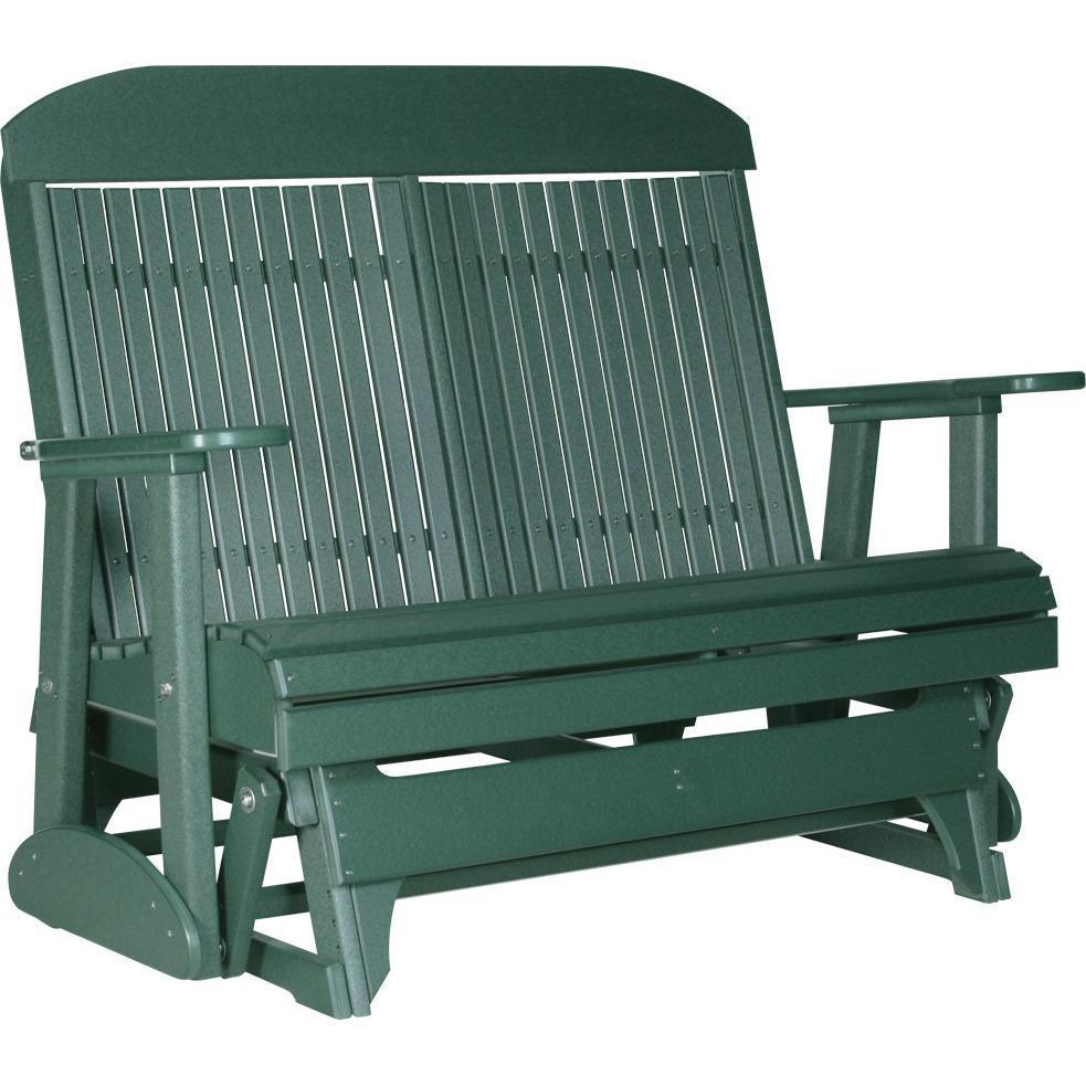 LuxCraft 4 ft. Green Recycled Plastic Highback Outdoor Glider Bench with Cup Holder - Perfect for Patio, Garden, and Backyard Relaxation