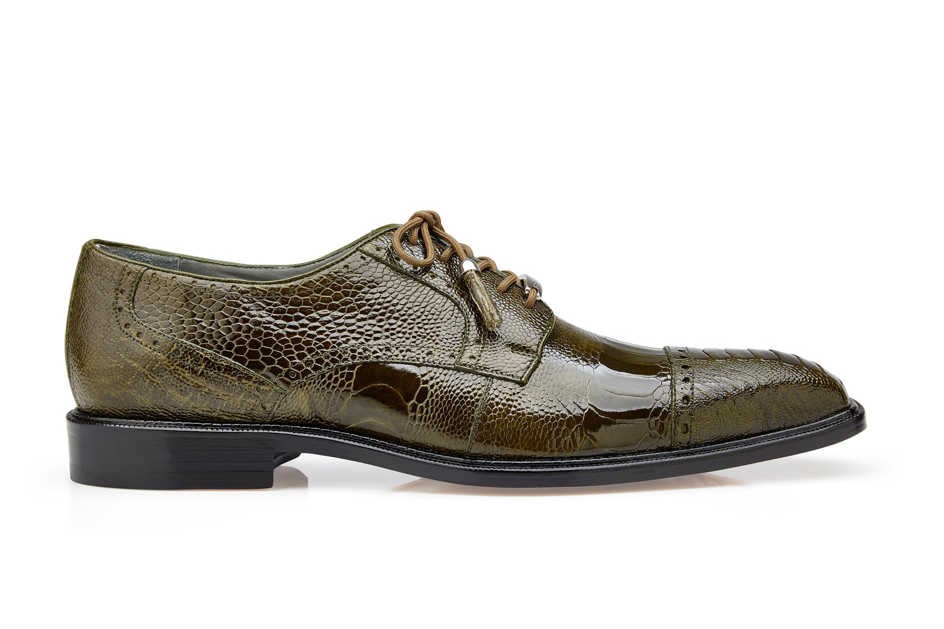 Belvedere Batta Genuine Ostrich Leather Dress Shoes for Men - Olive Brown Business Formal Shoes 14006 | Premium Office & Wedding Dress Shoes for Professional Occasions