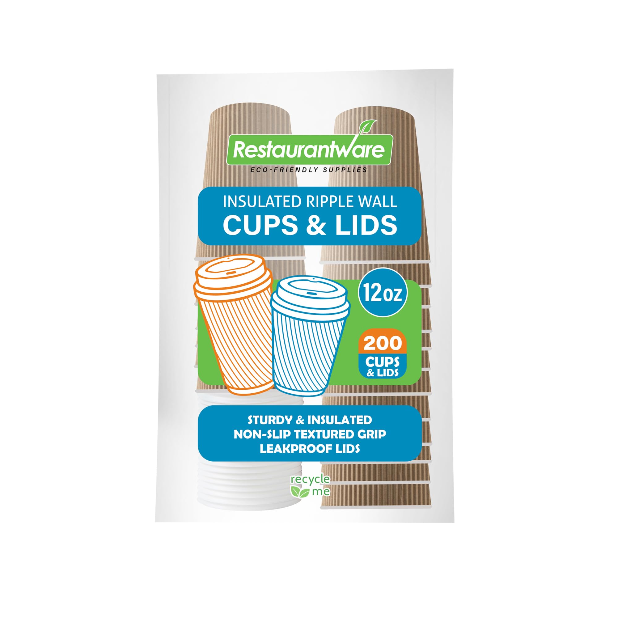 12oz Insulated Coffee Cups with Lids - 200 Pack Leakproof Kraft Paper Hot Cups for Tea, Hot Cocoa & Lattes | Disposable, Non-Slip Ripple Wall Design | Perfect for Coffee Shops, Offices & Catering Events