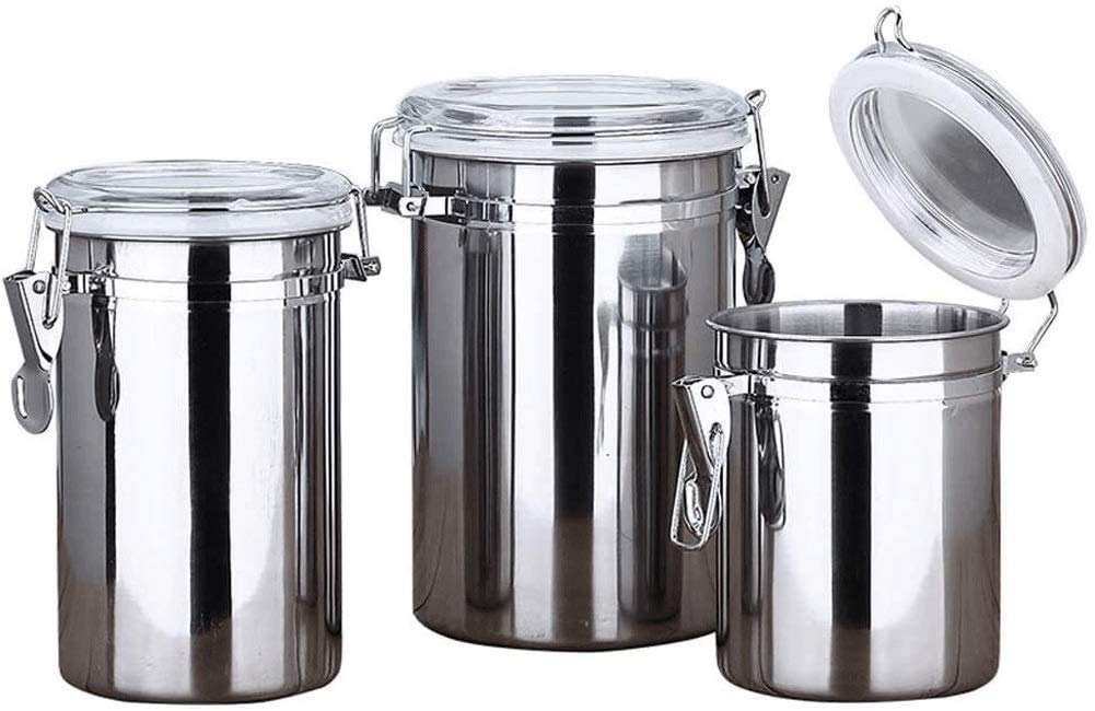 3-Piece Stainless Steel Airtight Food Storage Containers Set with Acrylic Lids & Locking Clamp - Brushed Metal Cookie & Coffee Canisters for Kitchen Pantry Organization | Perfect for Storing Dry Goods, Coffee Beans, Flour, Sugar & Baking Ingredients