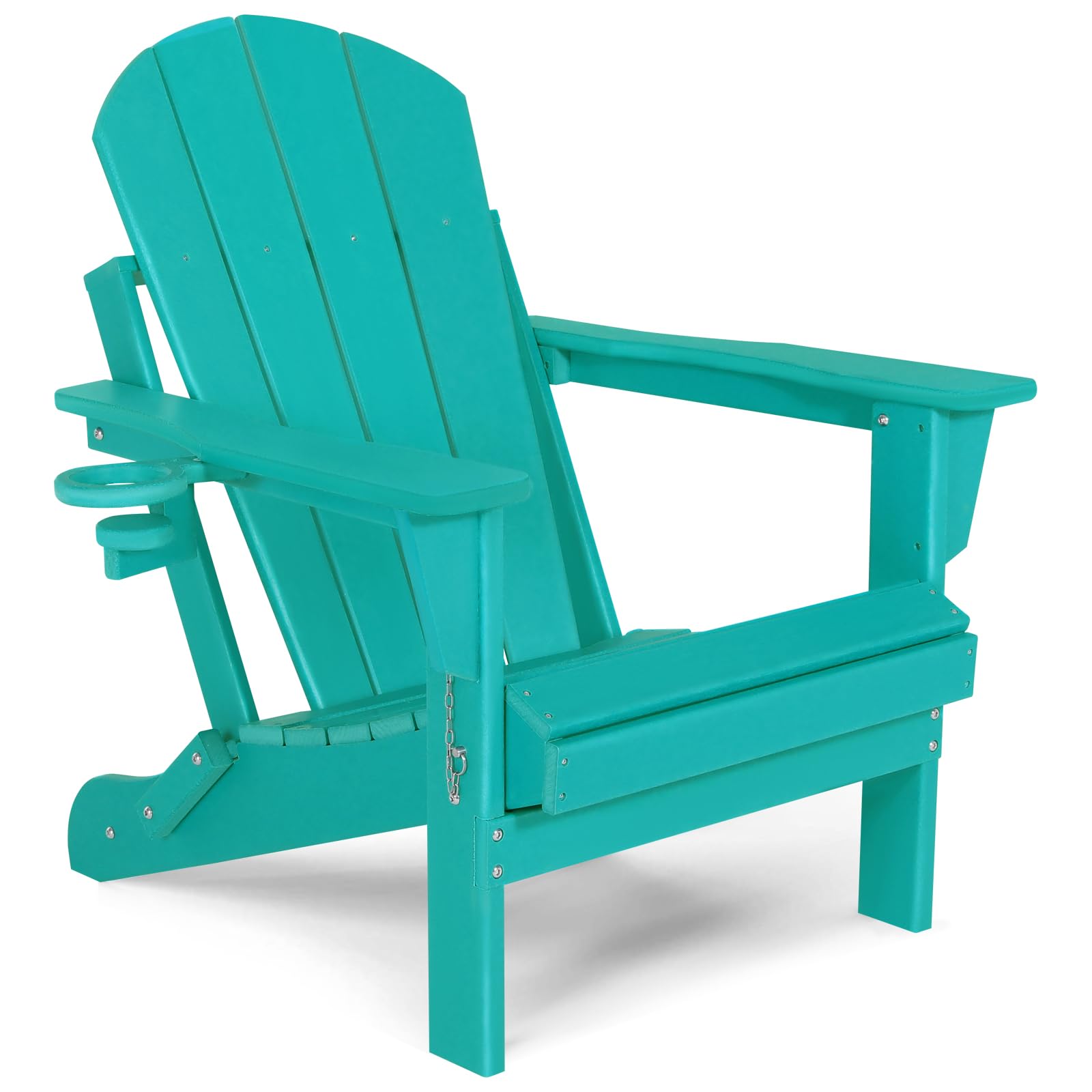 Foldable Plastic Adirondack Chair - Weatherproof Outdoor Stackable Patio Chair with Cup Holder for Deck, Garden, Poolside & Backyard (21.6