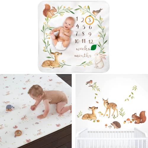 Ultimate Woodland Baby Gift Set - Includes Play Mat, Wall Decals & Milestone Blanket | Gender Neutral Nursery Decor | Perfect for Baby Showers, Newborn Gifts & Nursery Room Decor