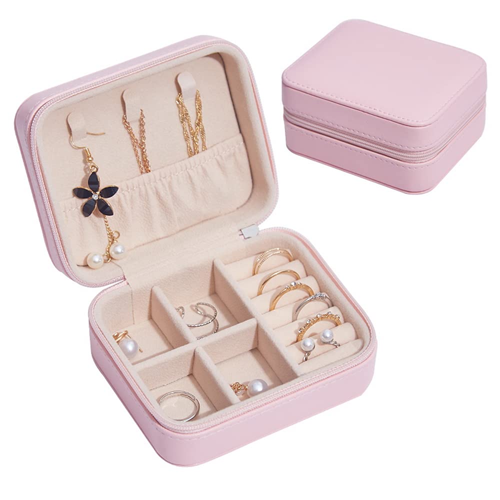 Portable Travel Jewelry Organizer Box for Women - Small Jewelry Storage Case with Compartments for Earrings, Rings & Necklaces - Pink Jewelry Display Box for Travel, Home & Gift Giving