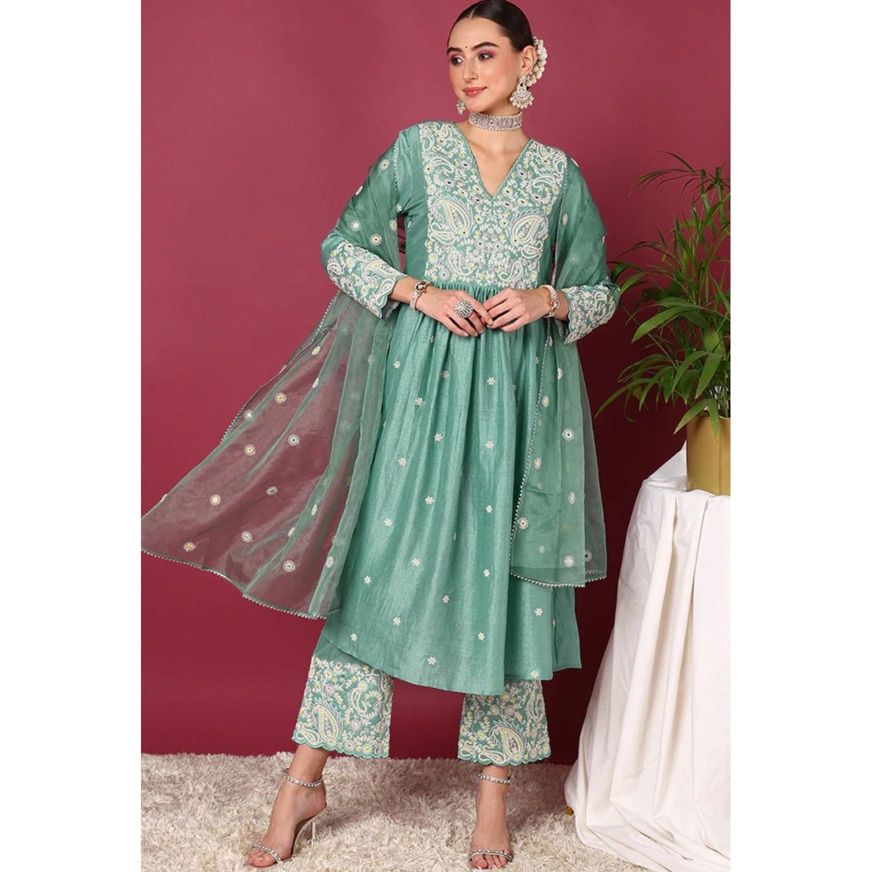 Elegant Sea Green Silk Blend Anarkali Suit Set for Women | Diwali & Festive Wear | Party, Wedding & Special Occasion Outfit