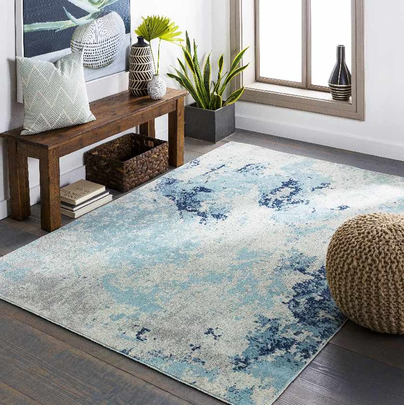 Mark&Day 5x7 Giswil Modern Aqua Indoor/Outdoor Area Rug - Blue & White Non-Slip Carpet for Living Room, Bedroom, Kitchen - Water-Resistant & Durable (5'3