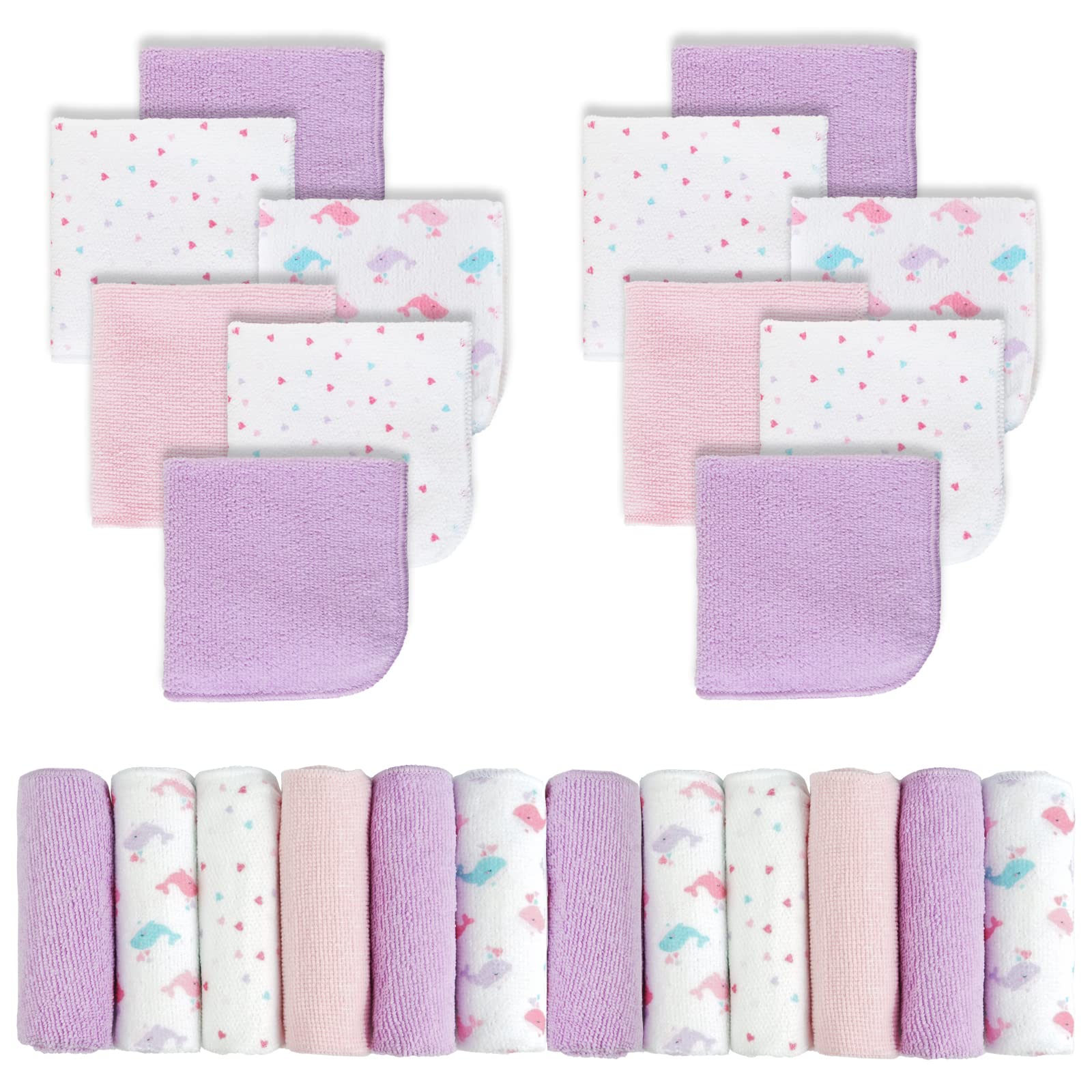 Viviland 24 Pack Ultra Soft Baby Washcloths - Gentle Bath Towels for Newborn & Infant Skin Care - 9x9 Inch Pink Whale Pattern Wash Cloths for Baby Girls & Boys - Perfect for Bath Time, Face Cleaning & Sensitive Skin Care
