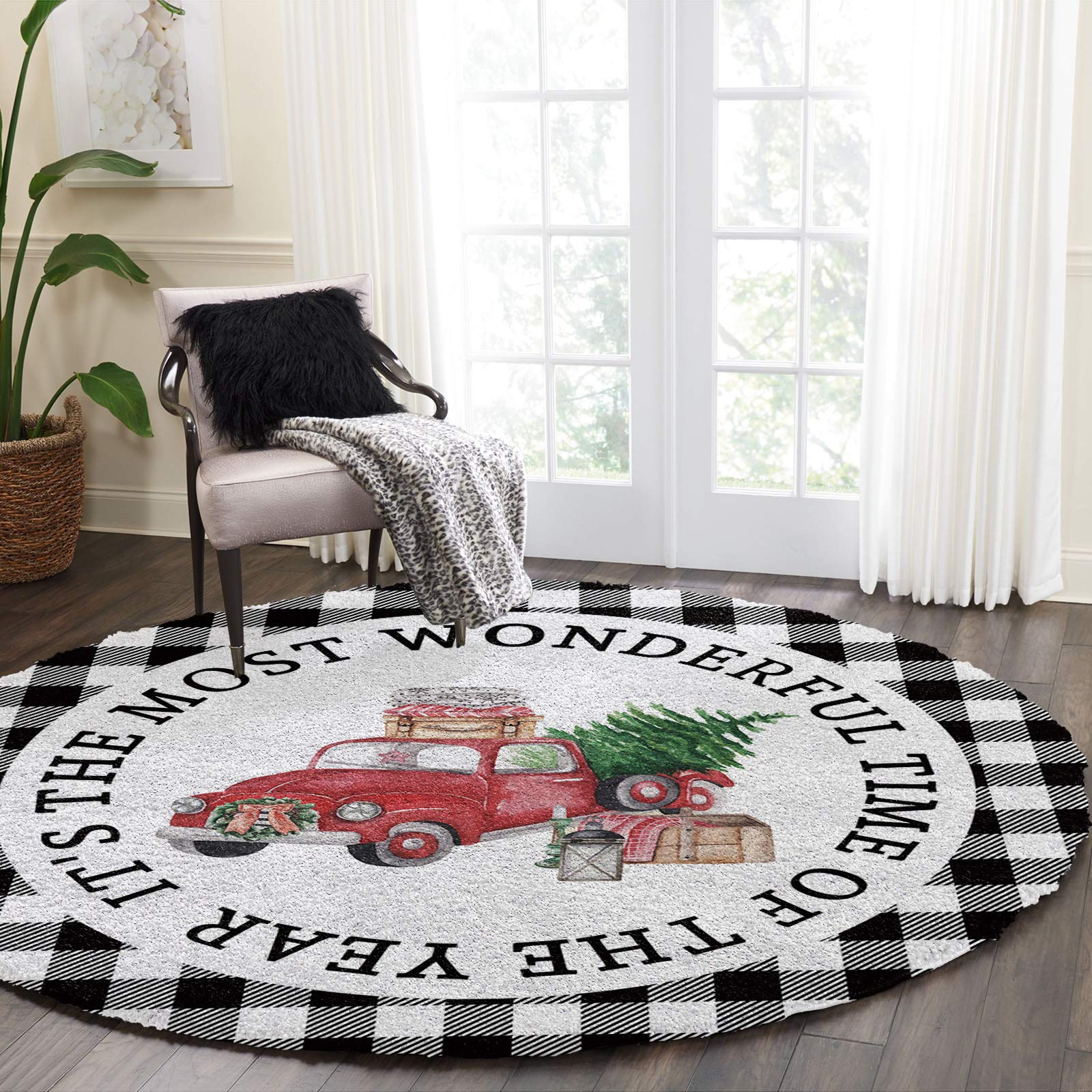 3ft Soft Shaggy Round Area Rug - Washable Non-Shedding Non-Slip Circle Carpet with Farmhouse Christmas Truck & Buffalo Plaid Design for Bedroom, Living Room, Nursery | Country Style Home Decor for Sofa, Hall & Holiday Season