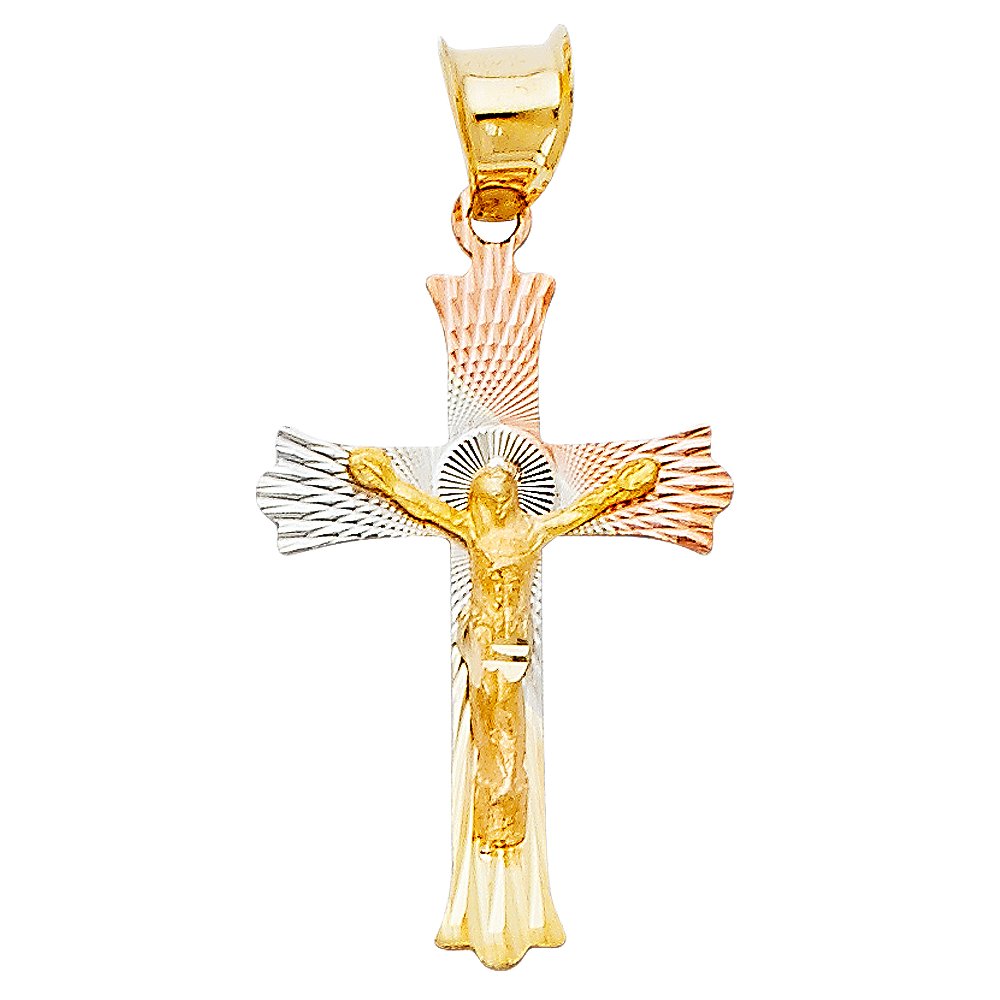 14K Tri-Color Gold Religious Jesus Cross Pendant Charm (25x15mm) - Perfect for Necklaces, Bracelets & Gifts for Baptism, First Communion & Christian Jewelry Lovers