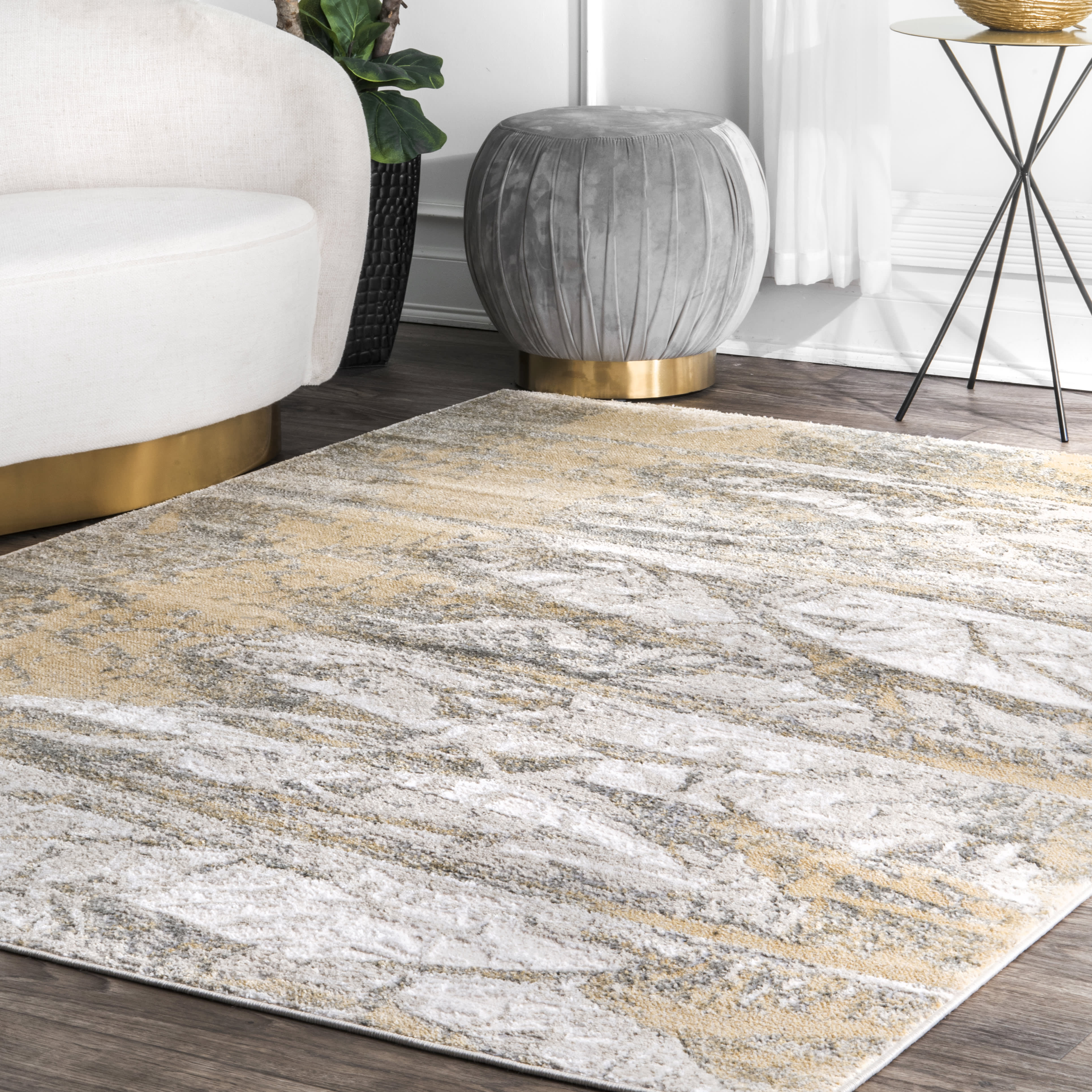 Abstract Mural Rug in Gold - Modern Bohemian Area Rug for Living Room, Bedroom Decor | Non-Slip Floor Mat for Home & Office Interior Design