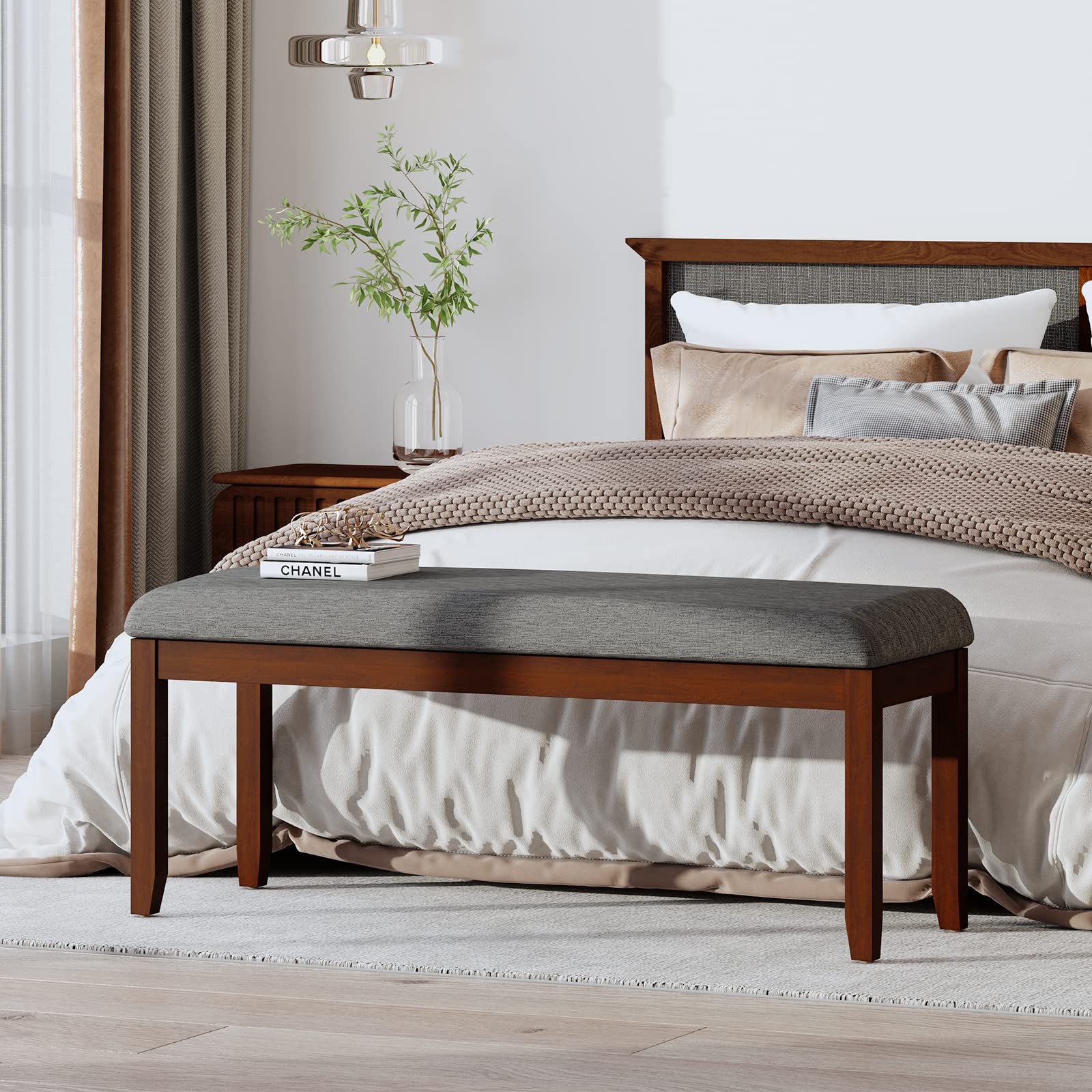 NAFORTH Upholstered Dining Table Bench - Traditional Wooden Entryway Bench with Fabric Padded Seat | Perfect for Bedroom, Living Room, Dining Room & Hallway | Dark Grey Home Decor Furniture for Comfortable Seating
