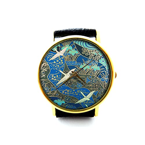 Japanese Art Snow Geese Leather Watch - Handmade Genuine Leather Bracelet Watch for Men & Women - Perfect for Casual Wear, Office & Special Occasions (Model P076)