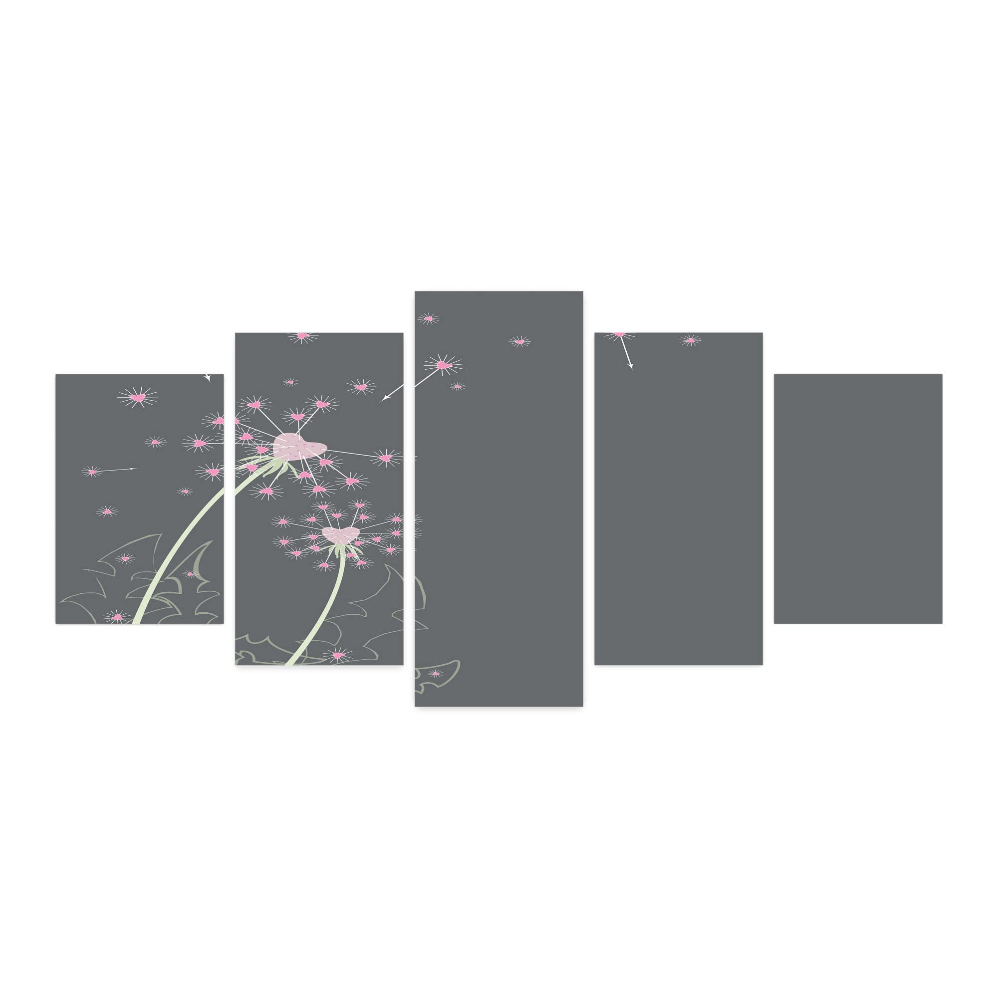 Ambesonne Pink and Grey 5-Panel Acrylic Glass Wall Art - Dandelion Flowers with Hearts, Pastel Love Celebration Anniversary Decor - Perfect for Living Room, Bedroom & Dorm (60