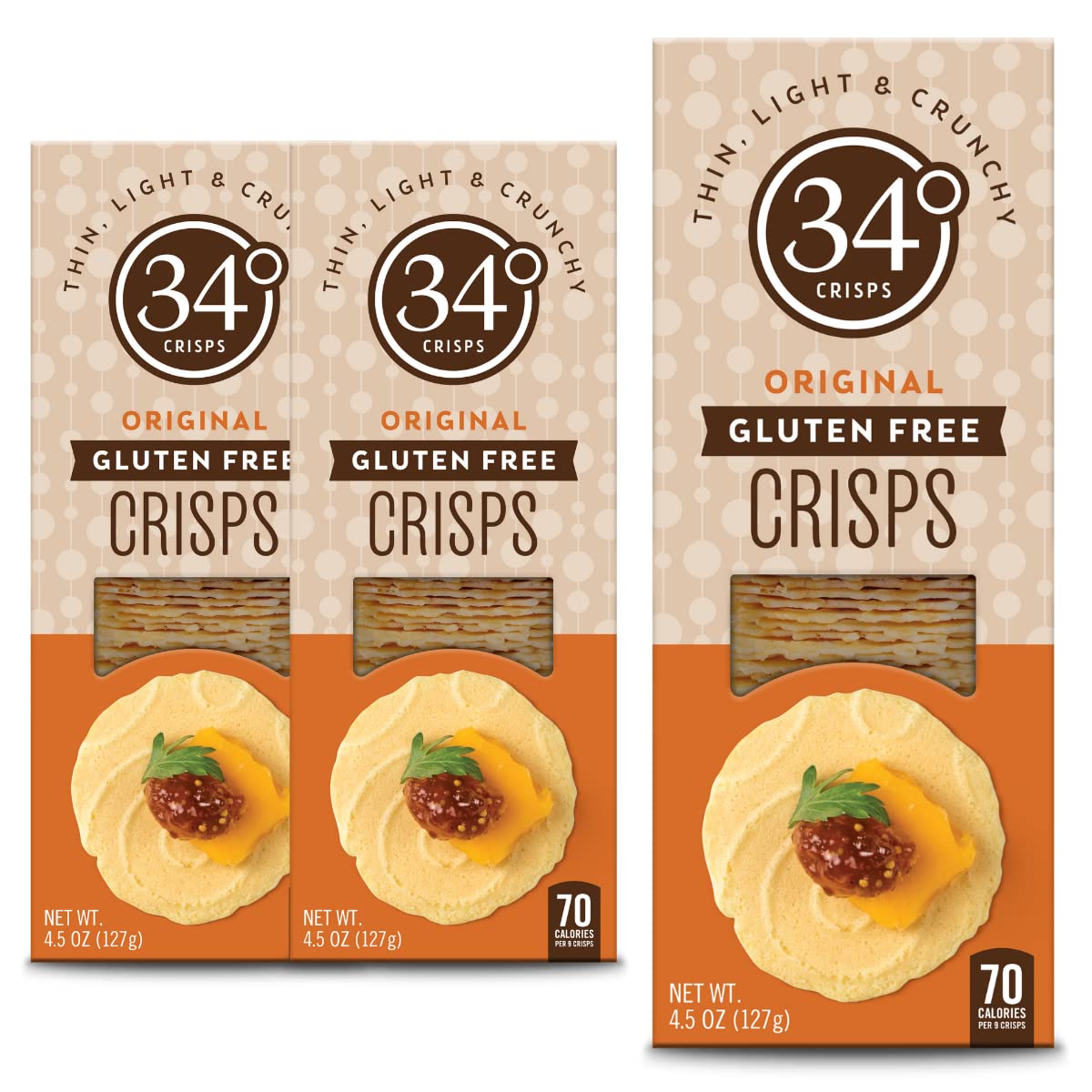 34 Degrees Crisps - Original Gluten Free Snacks | Thin, Light & Crunchy Gluten-Free Crackers, 3-Pack (4.5oz Each) | Perfect for Parties, School Lunches & Healthy Snacking