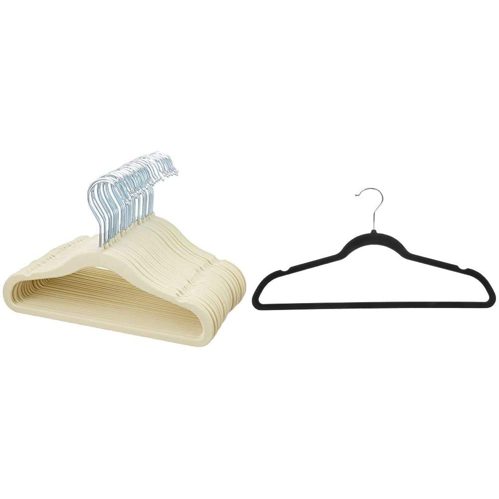 Amazon Basics Kids Velvet Non-Slip Clothes Hangers (Beige, Pack of 30) & Slim Velvet Suit Hangers (Black/Silver, Pack of 30) - Space-Saving Closet Organizers for Kids and Adults Wardrobe Storage