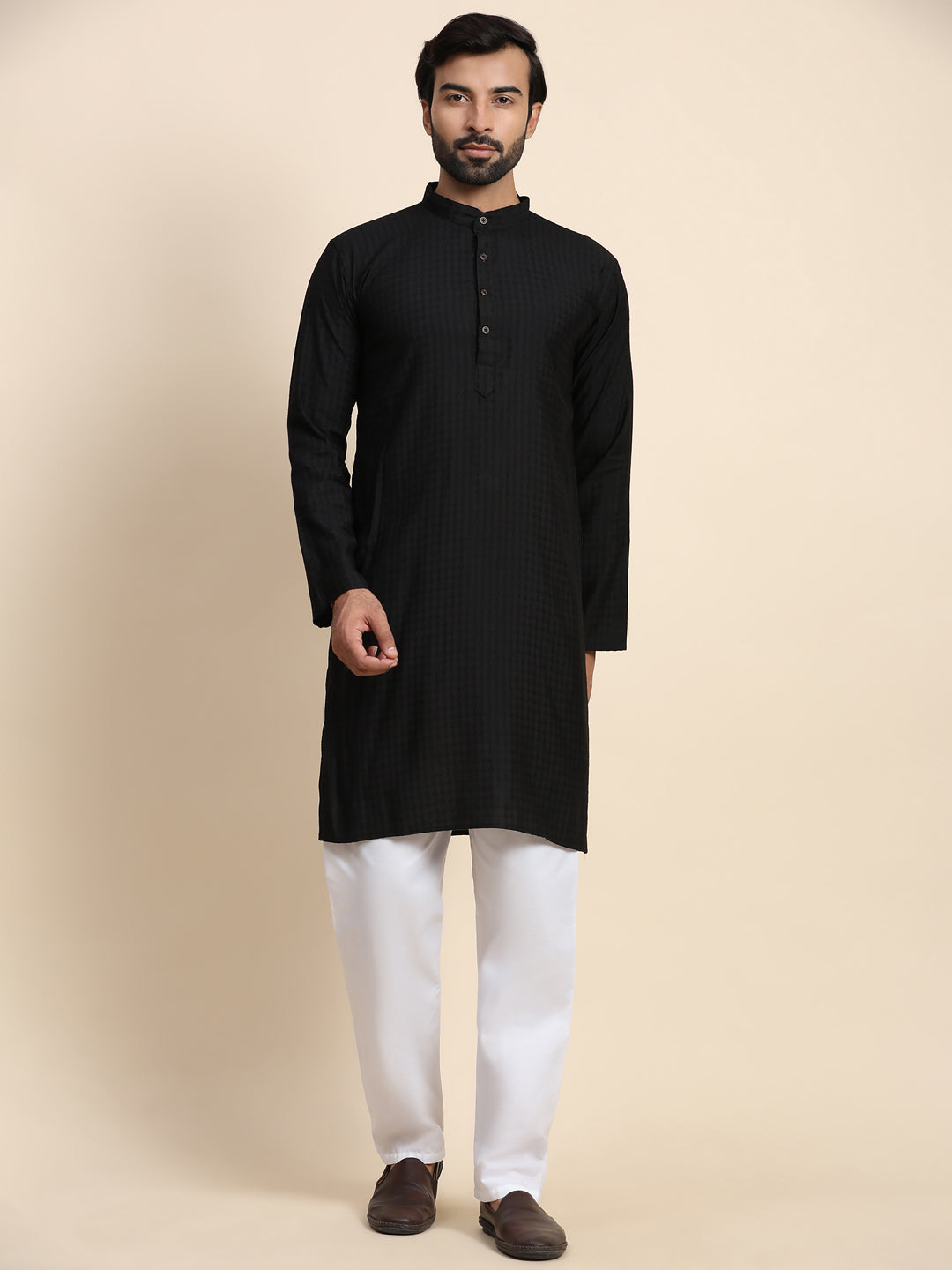Black Festive Kurta Pajama Set for Men - Plain Solid Cotton Ethnic Wear for Diwali, Eid & Weddings