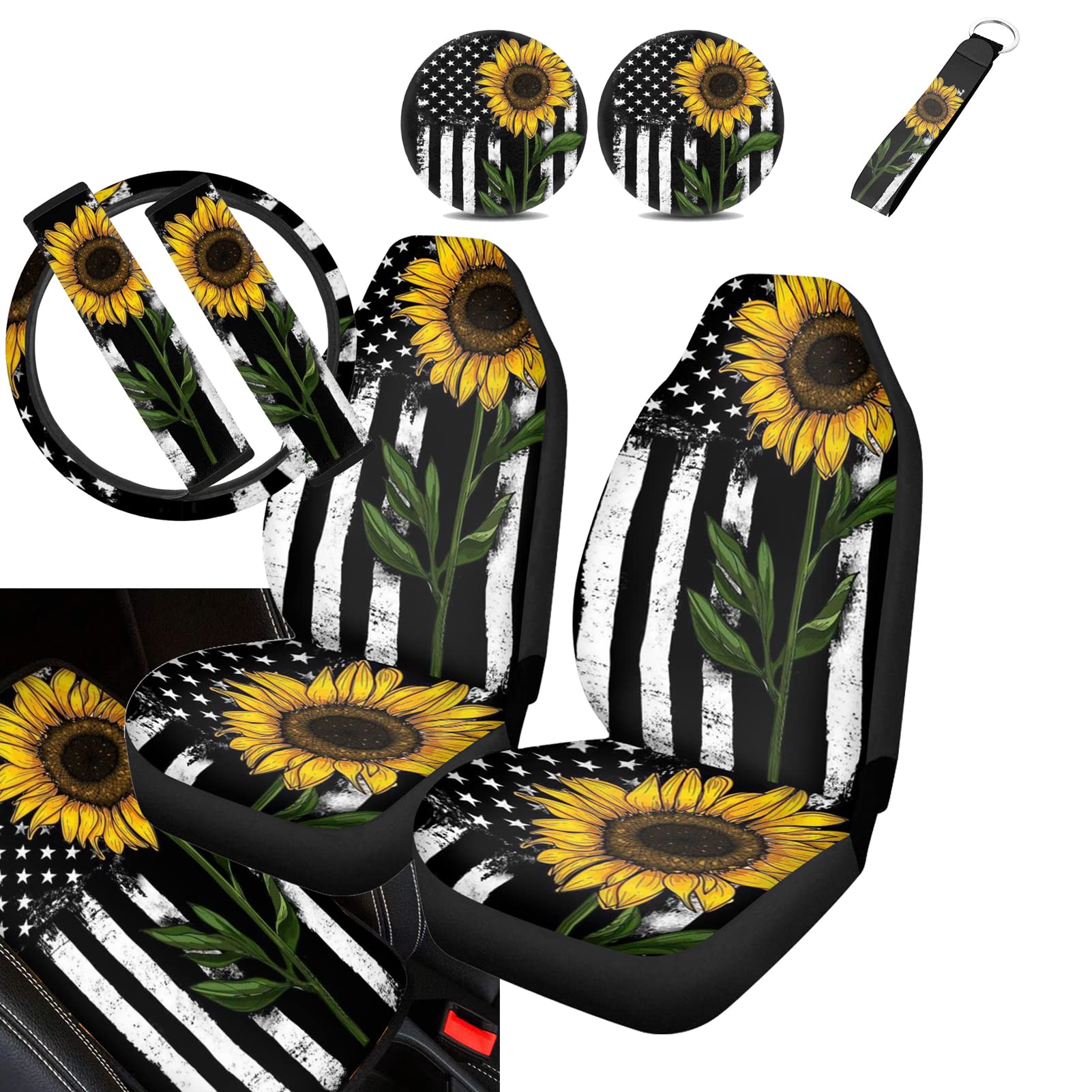 American Flag Sunflower Car Seat Covers Set - 9PCS Front Seat Protectors, Steering Wheel Cover, Seat Belt Cover, Car Coasters & Keychain for Women | Durable Car Accessories for Daily Commute & Road Trips