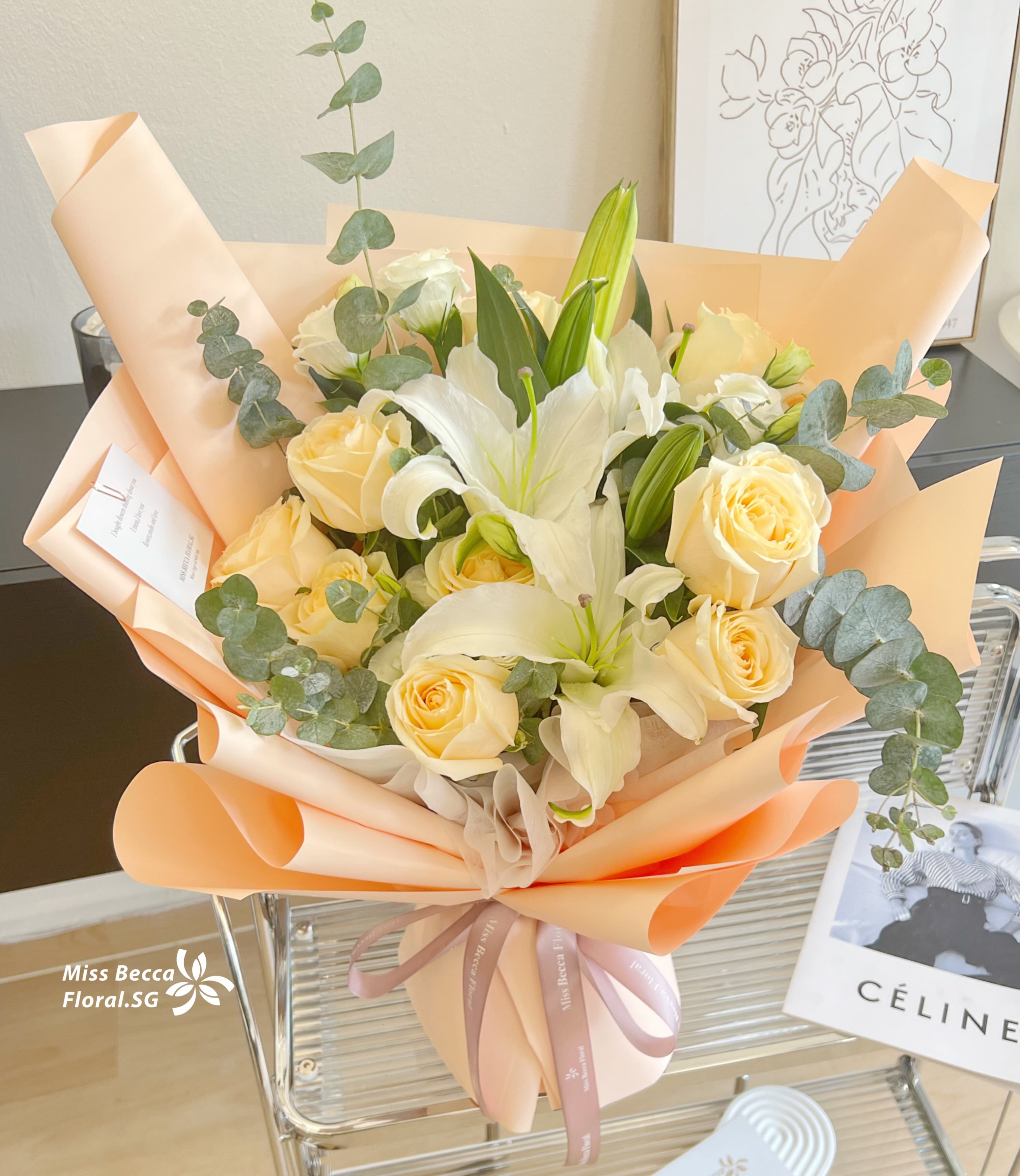 Fresh Lily Bouquet with Champagne Roses & Lisianthus - Elegant Floral Arrangement for Weddings, Anniversaries & Romantic Gifts
