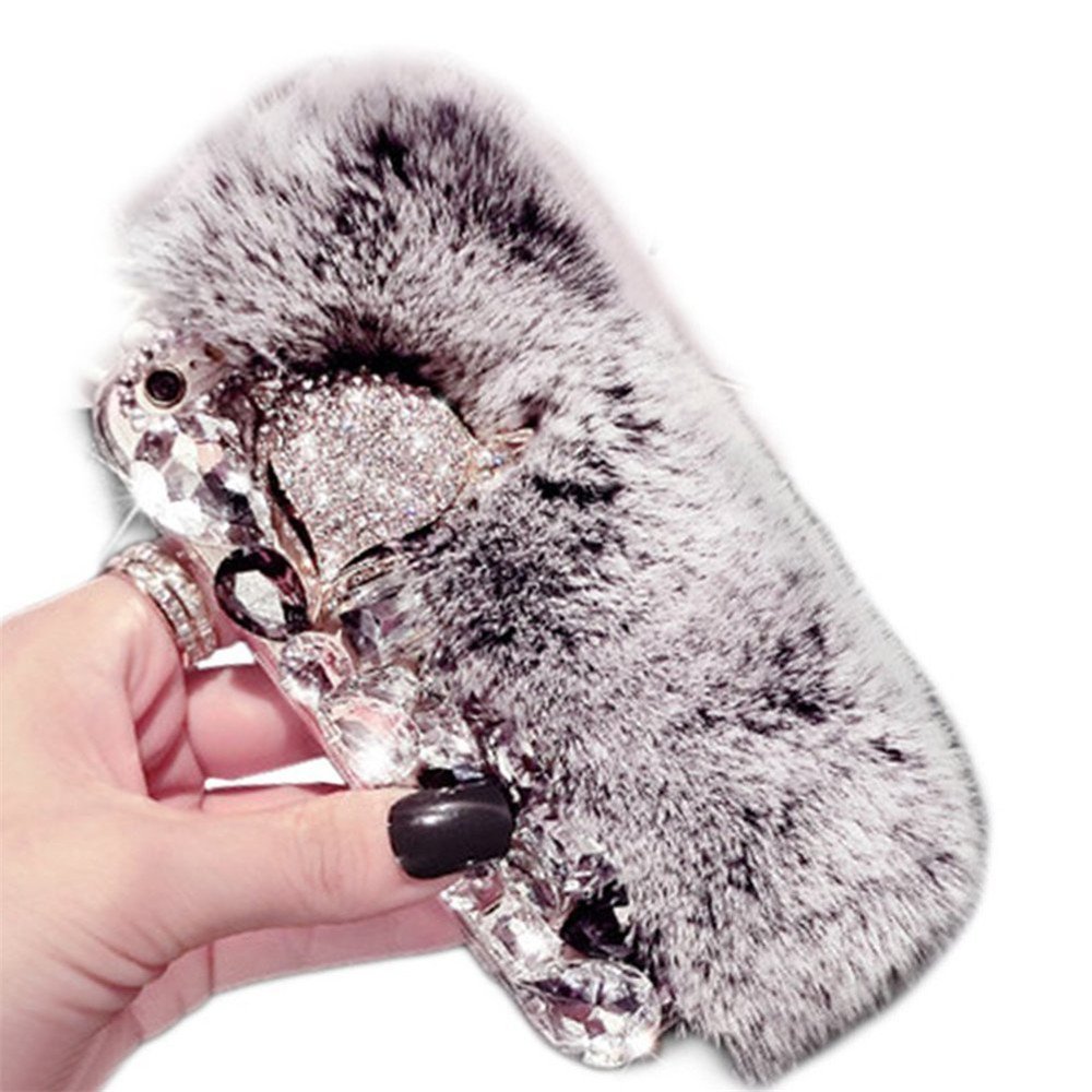 ZTE Grand X4 Case & ZTE Blade Spark Case - Soft Fluffy Furry Fox Design with Glitter Rhinestones | Warm Beaver Rex Rabbit Hair Cover for ZTE Grand X 4/ZTE Blade Spark/ZTE Z956 (Gray) | Perfect for Winter Protection & Fashion Accessory
