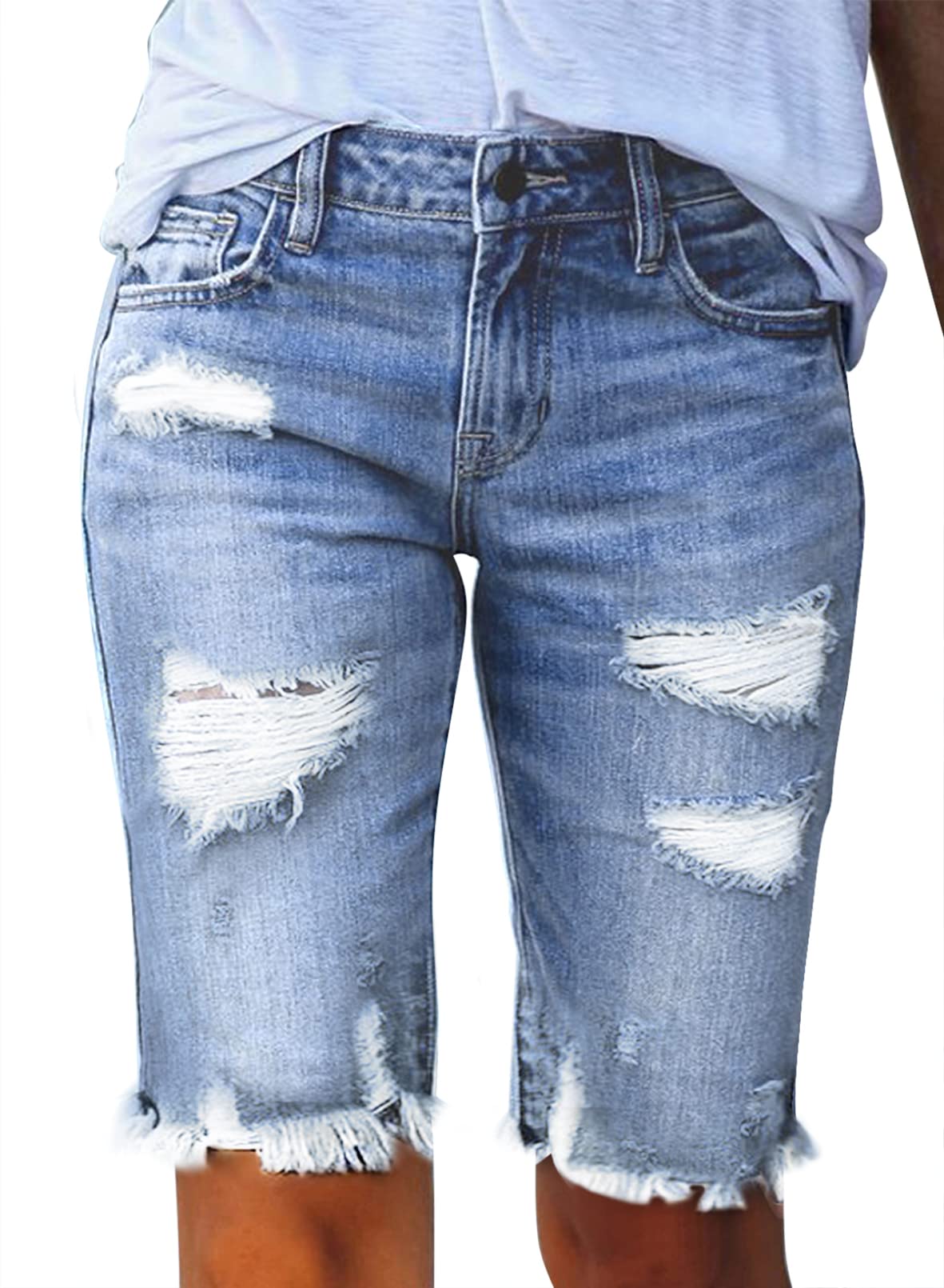 Sidefeel Women's Distressed Denim Bermuda Shorts with Raw Hem - Casual Summer Shorts for Beach, Travel & Everyday Wear