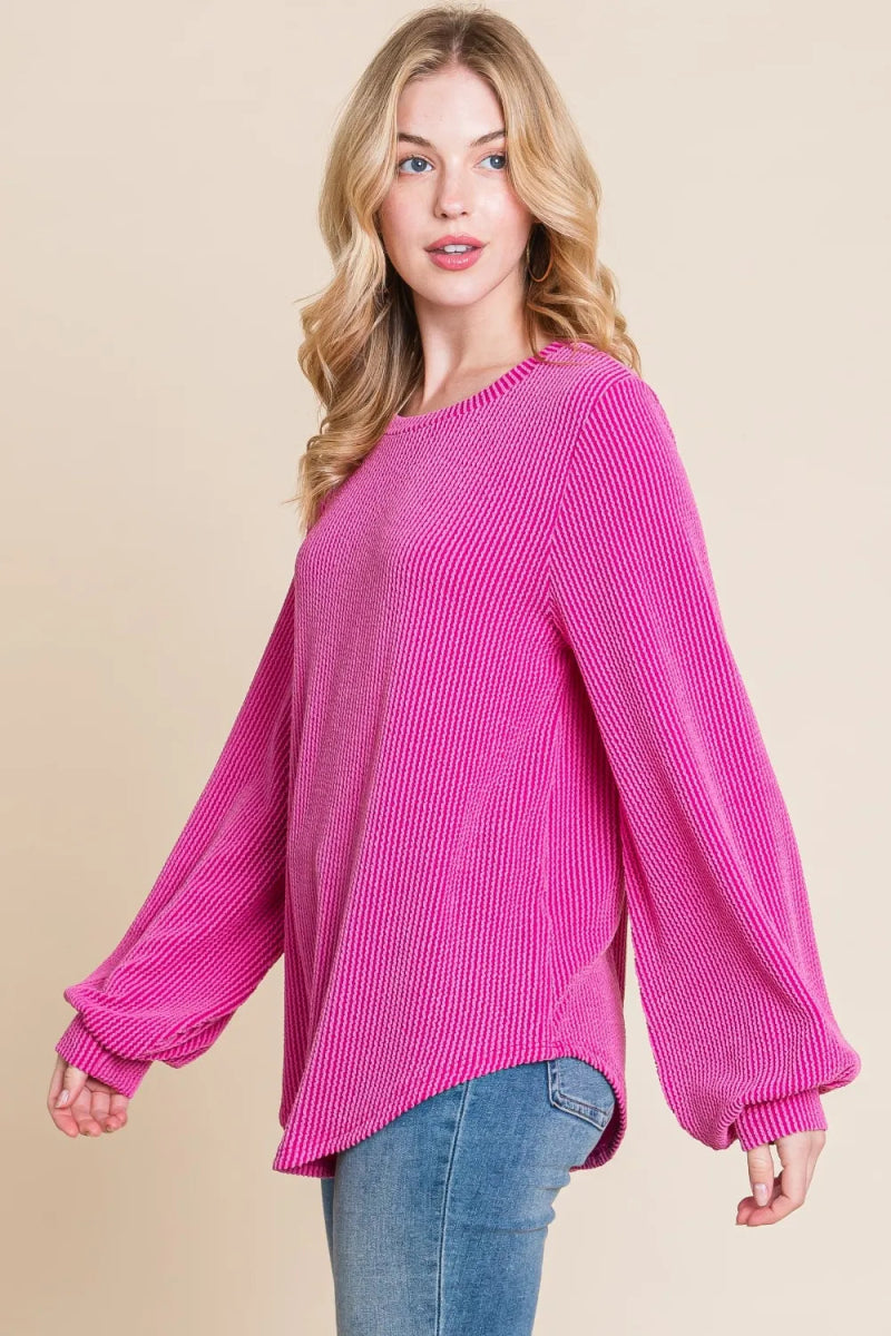 BOMBOM Women's Long Sleeve Ribbed T-Shirt with Curved Hem - Casual Stretch Fit Top for Everyday Wear, Work & Date Night Outfits