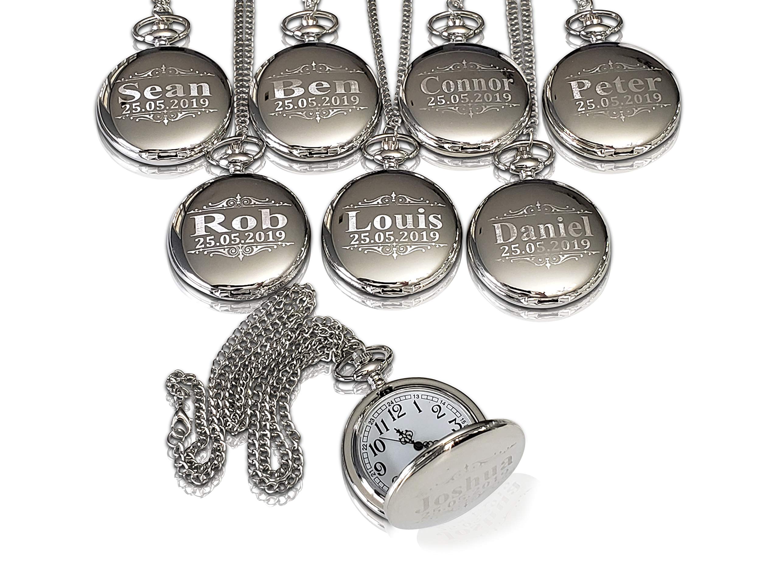 7 Engraved Pocket Watches Set - Unique Groomsmen Wedding Gifts for Men with Chain, Gift Box & Custom Engraving (5 Colors) - Perfect for Bridal Party, Anniversary, Birthday & Special Occasion Gifts