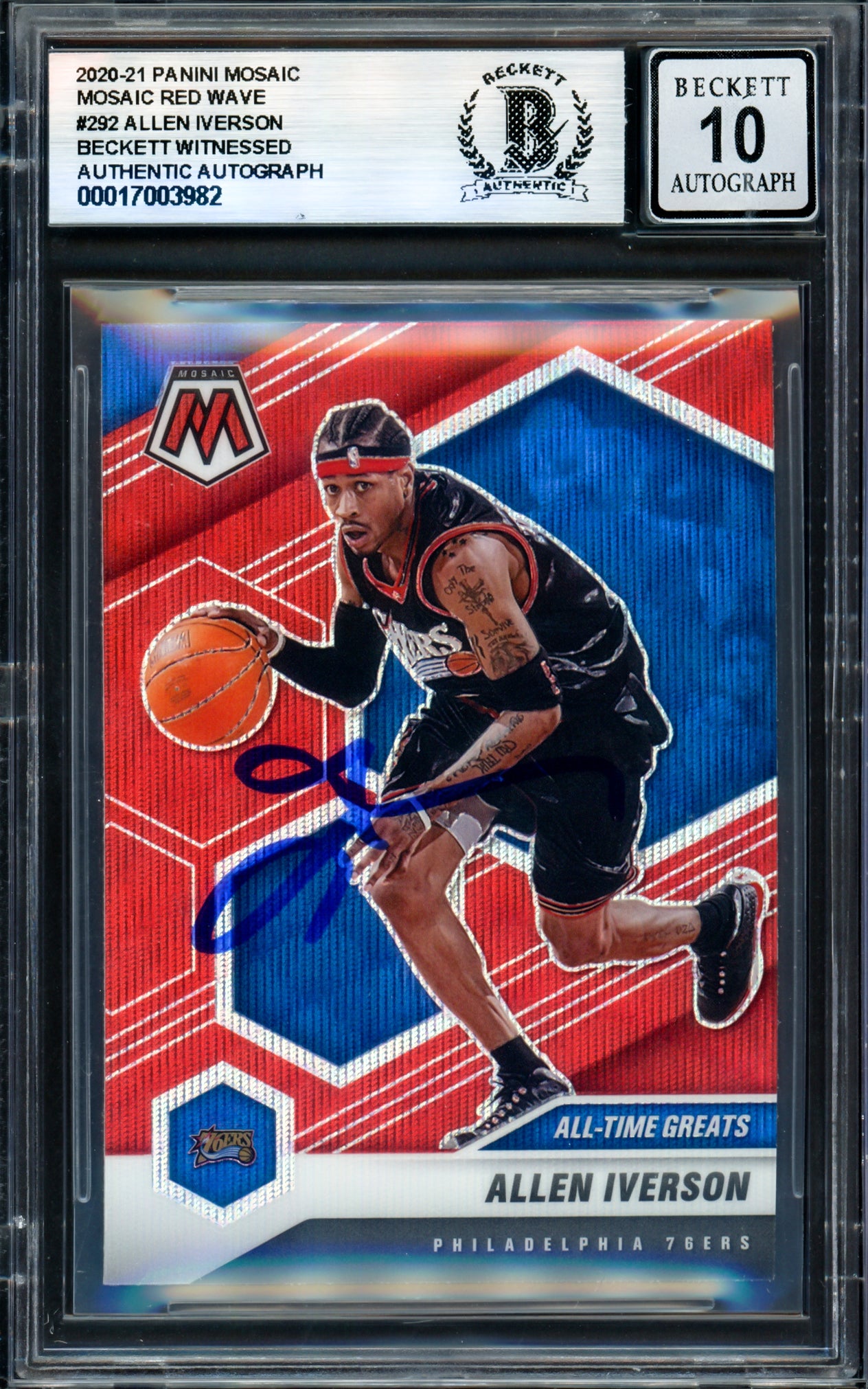 Allen Iverson Autographed 2020-21 Panini Mosaic Red Wave Basketball Card #292 Philadelphia 76ers Auto Beckett Gem Mint 10 BAS Witness #17003982 - Perfect for NBA Collectors, Sports Memorabilia Enthusiasts & Gift for Basketball Fans