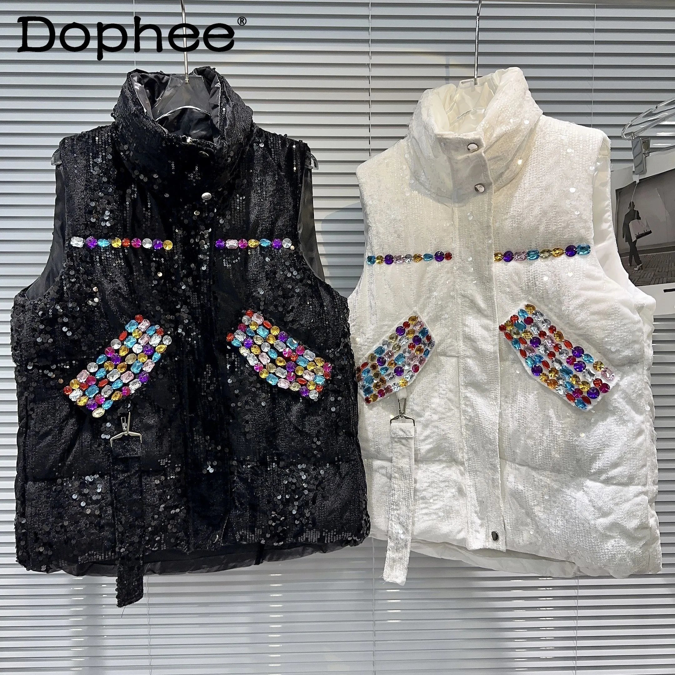 2024 Autumn Winter Women's Heavyweight Cotton Vest with Colorful Gem Beads - Thick Warm Sleeveless Stand Collar Waistcoat Jacket for Casual Outfits & Layering