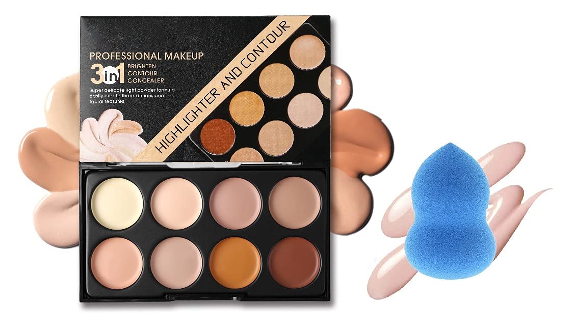 8 Shade Cream Concealer & Highlighter Palette with Blender Puff - Matte Finish for Contouring & Highlighting | Perfect for Everyday Makeup & Professional Looks