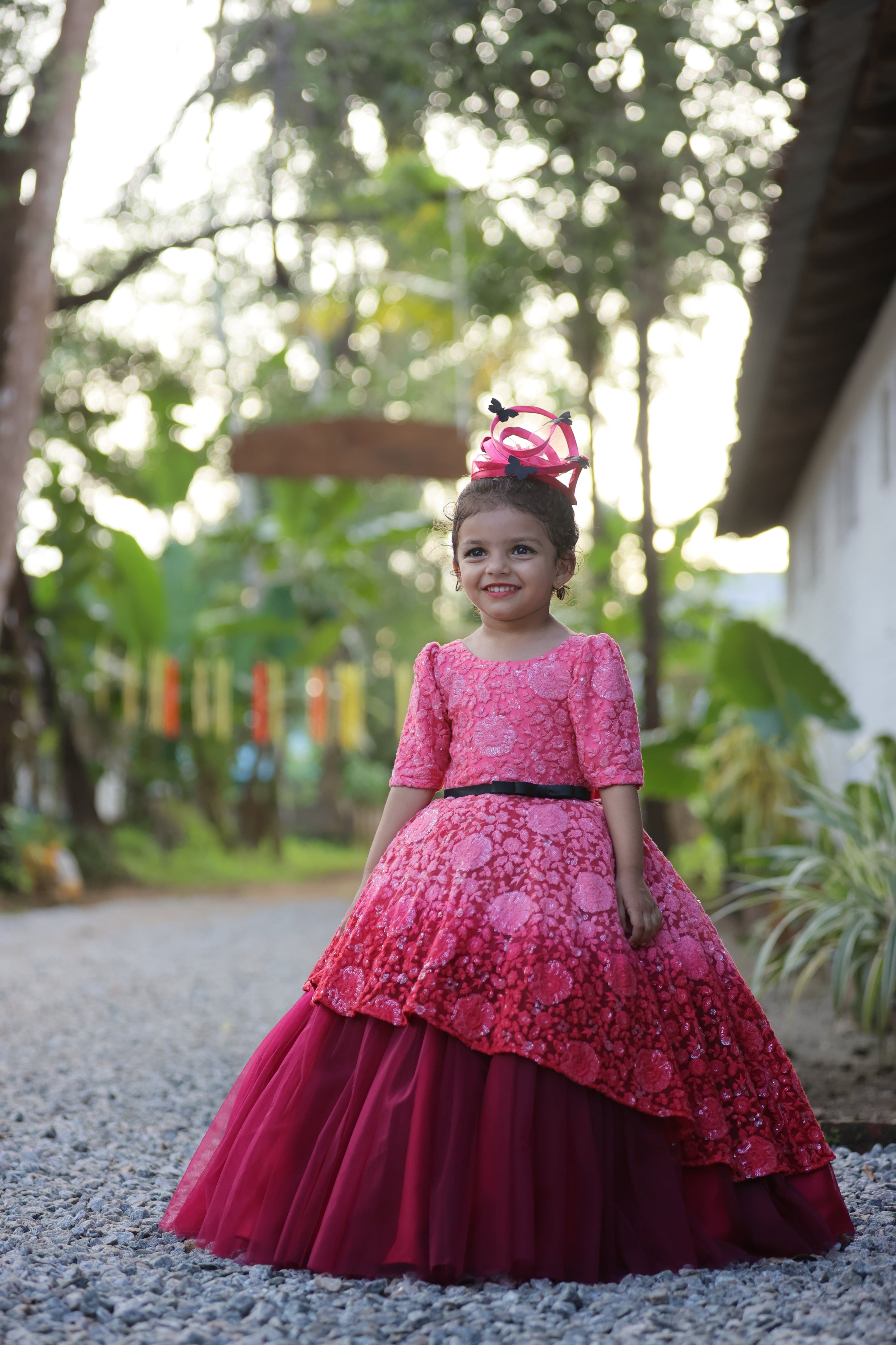 Elegant Coral & Wine Red Ombre Net Embroidery Gown - Perfect for Weddings, Prom & Evening Events