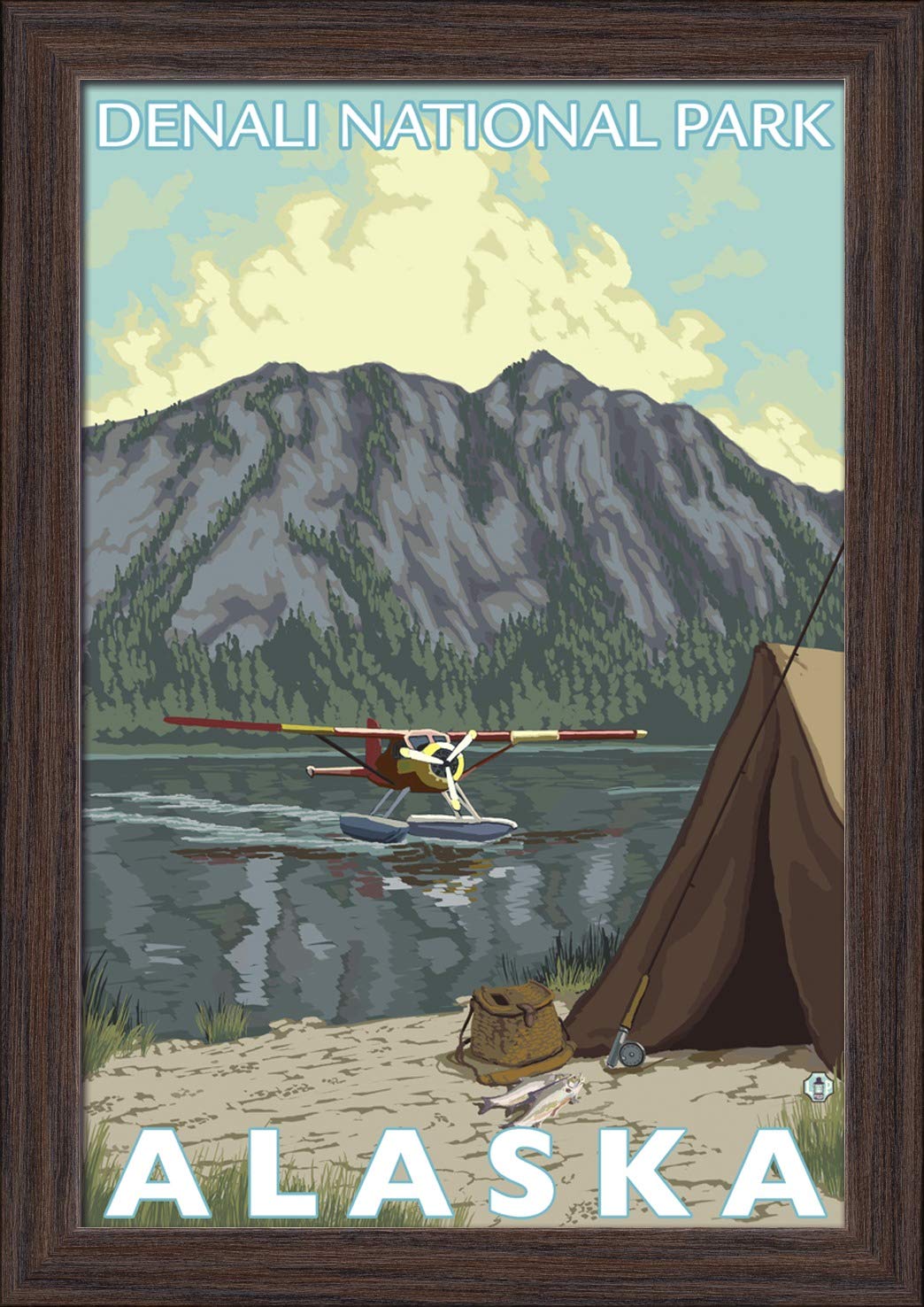 Denali National Park Alaska Bush Plane and Fishing Fine Art Print - 12x18 Giclee on Recycled Wood Frame in Espresso Brown - Perfect for Home Office Decor, Cabin Wall Art & Nature Lover Gifts