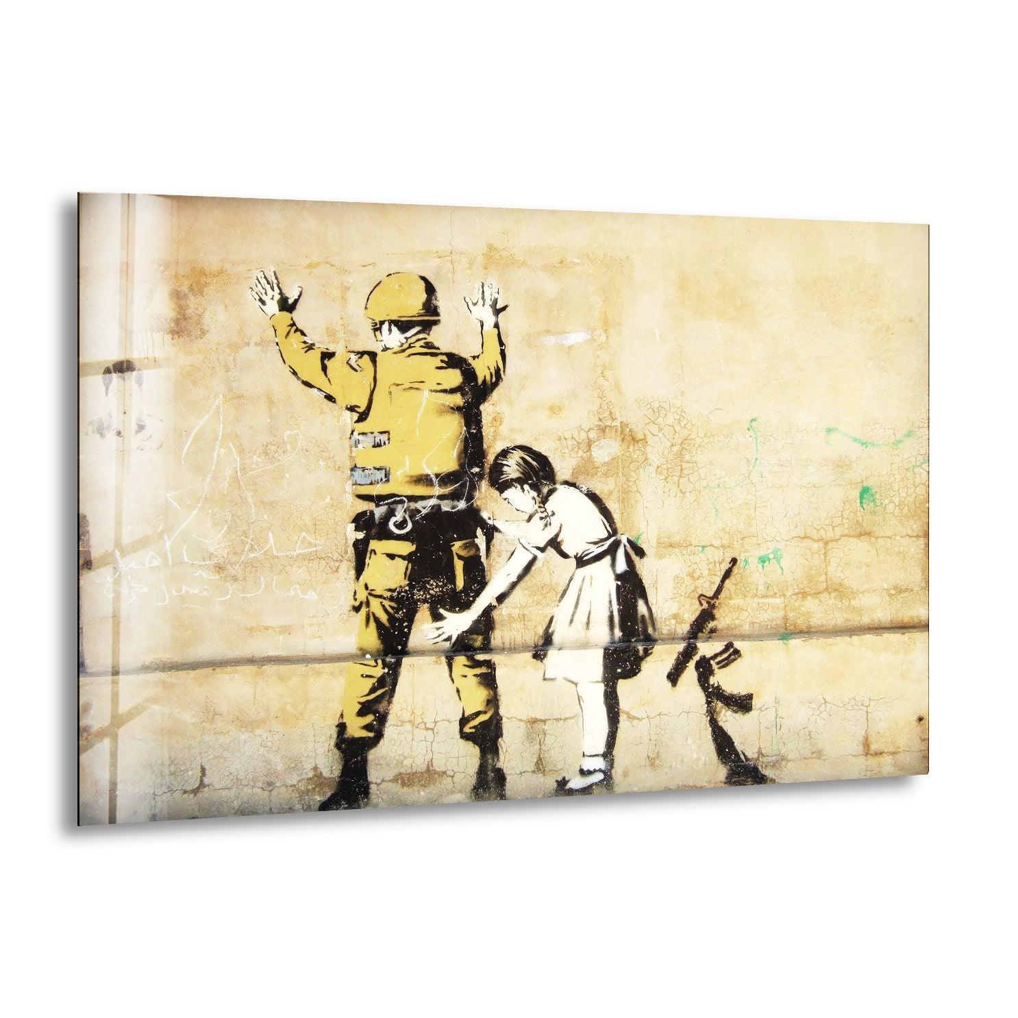 Banksy Girl Frisking Soldier Glass Wall Art - Stunning Home Decor for Living Room, Office & Gifts | Modern Framed Glass Print