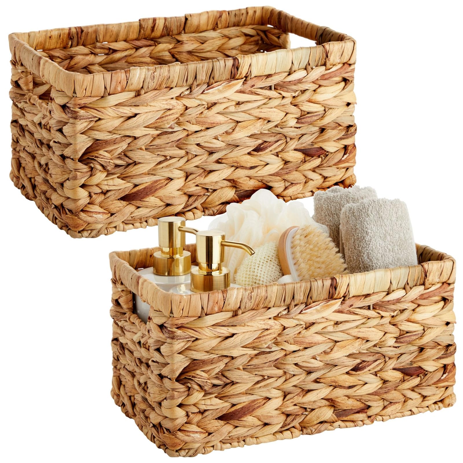 2 Pack Small Rectangular Wicker Baskets - 6 Inch Wide Handwoven Water Hyacinth Storage Bins for Shelves | Perfect for Bathroom, Kitchen & Office Organization | Natural Home Decor Storage Solutions