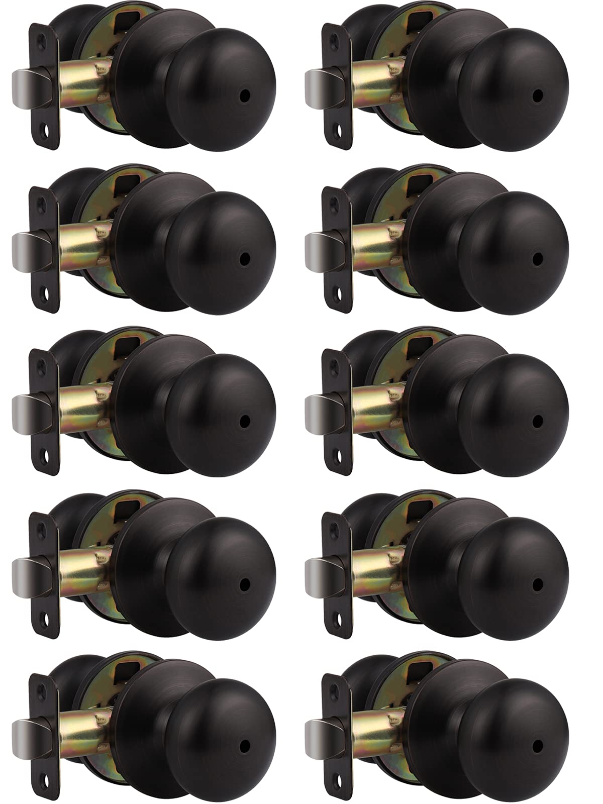 10 Pack Privacy Door Knob Set - Keyless Round Ball Door Lock for Bathroom & Bedroom - Oil Rubbed Bronze Interior Door Handle Lockset - Perfect for Home, Office, and Rental Properties Privacy Needs
