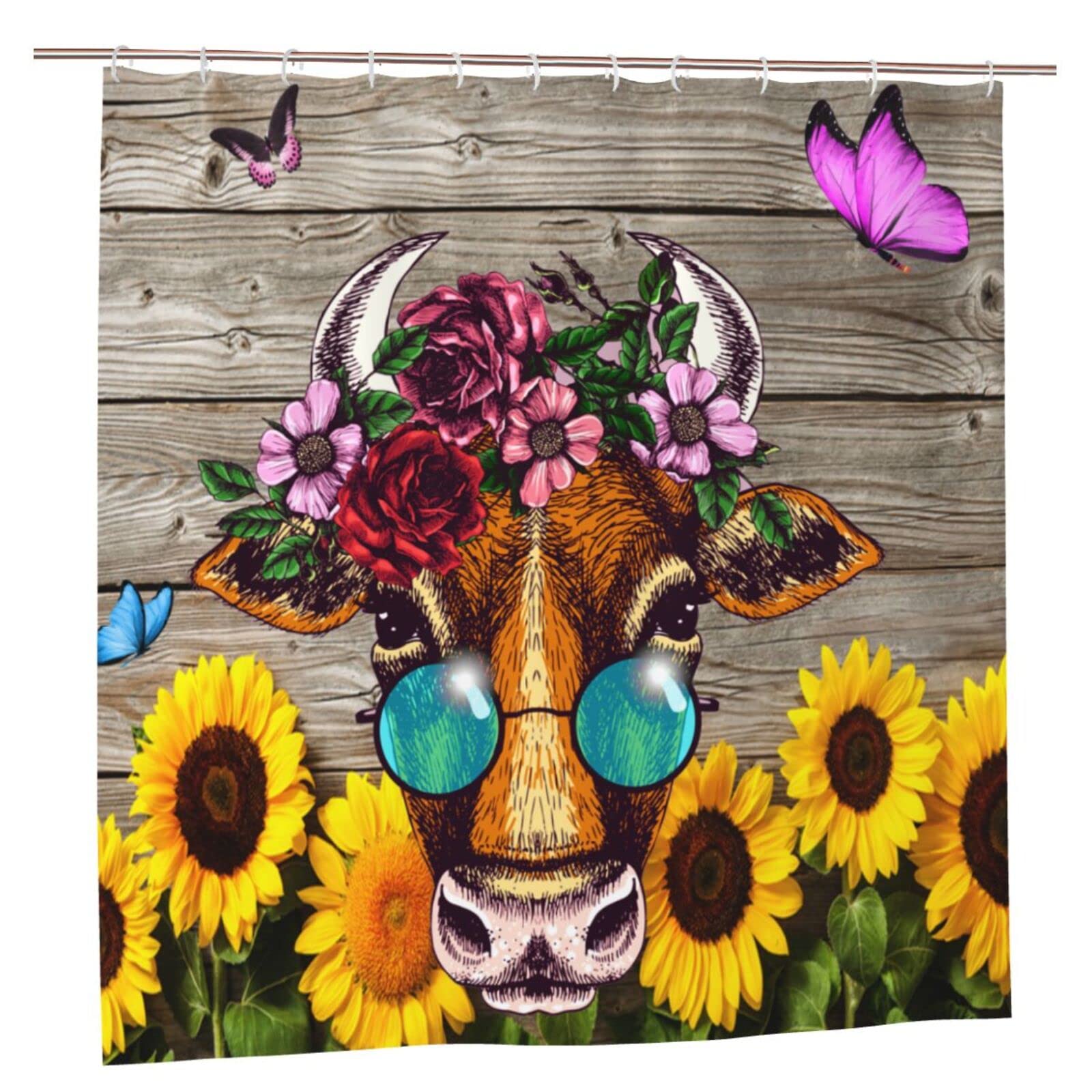 72x72 Inch Cow Sunflower Shower Curtain - Heavy Duty Waterproof Bathroom Curtain with Hooks for Farmhouse & Boho Decor | Perfect for Kids Bathroom, Guest Bath & Farmhouse Style Homes