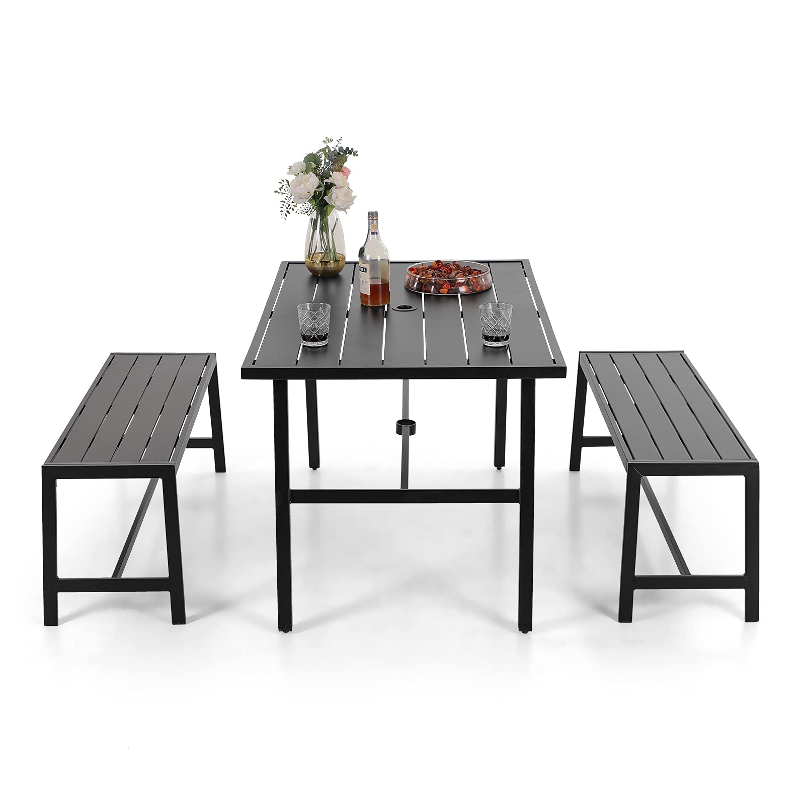 MFSTUDIO 3-Piece Outdoor Patio Dining Set - Heavy Duty Metal Rectangular Table with 2 Benches (Black) - Perfect for Backyard, Garden, Lawn, Deck & Outdoor Entertaining