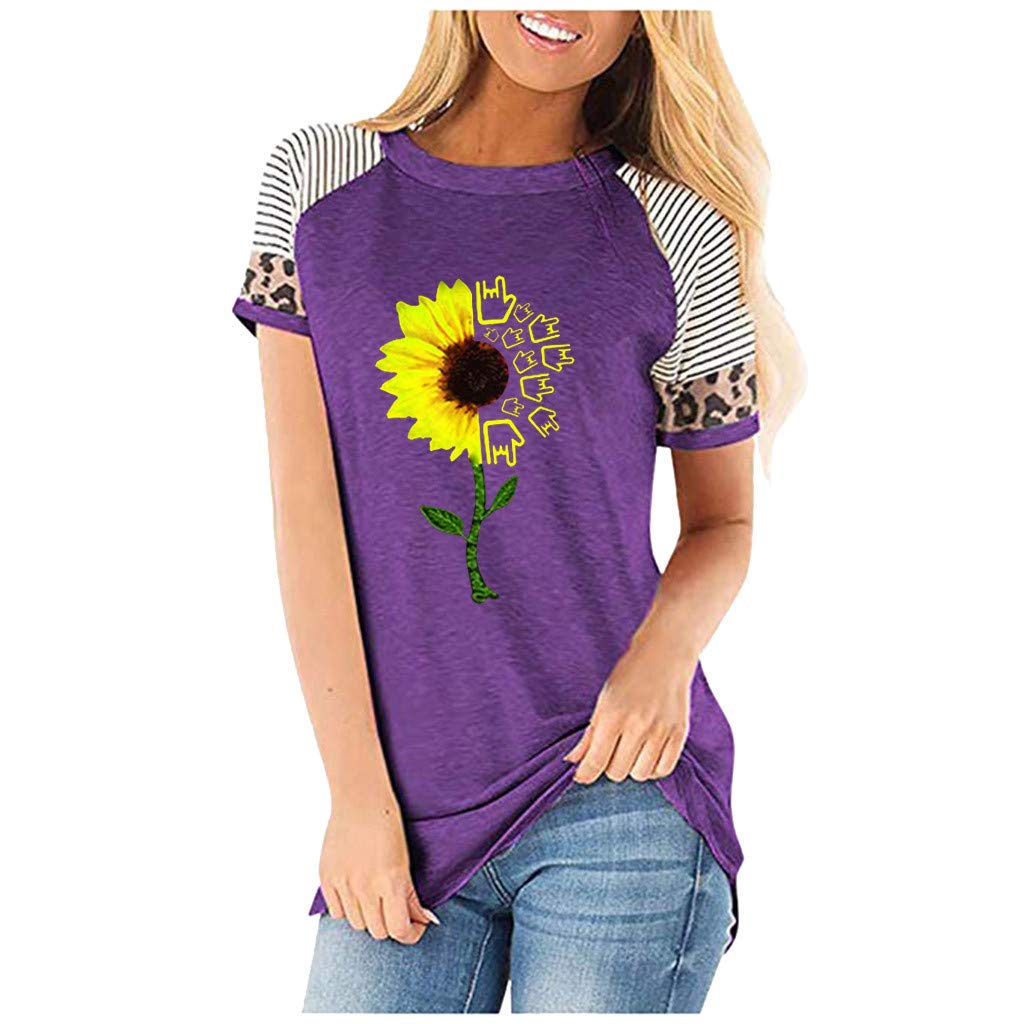 Lozeny Women's Floral Sunflower Graphic T-Shirt - Patchwork Summer Plaid Short Sleeve Blouse Pullover Tunic Top for Casual Wear & Outdoor Activities