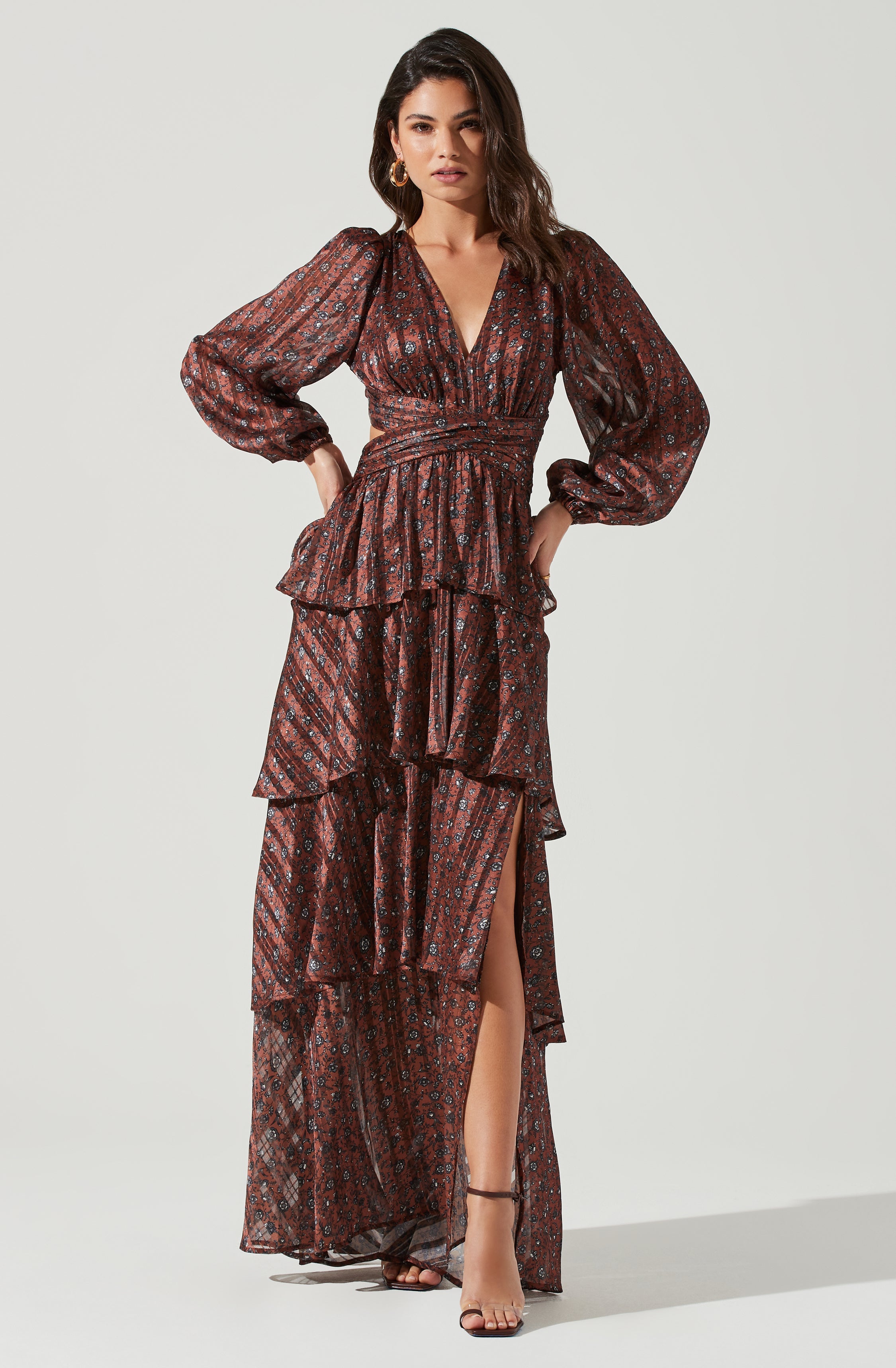 Anora Floral Tiered Maxi Dress for Women - Summer Boho Beach Dress with Long Sleeves & Side Slits - Perfect for Vacations, Weddings & Date Nights