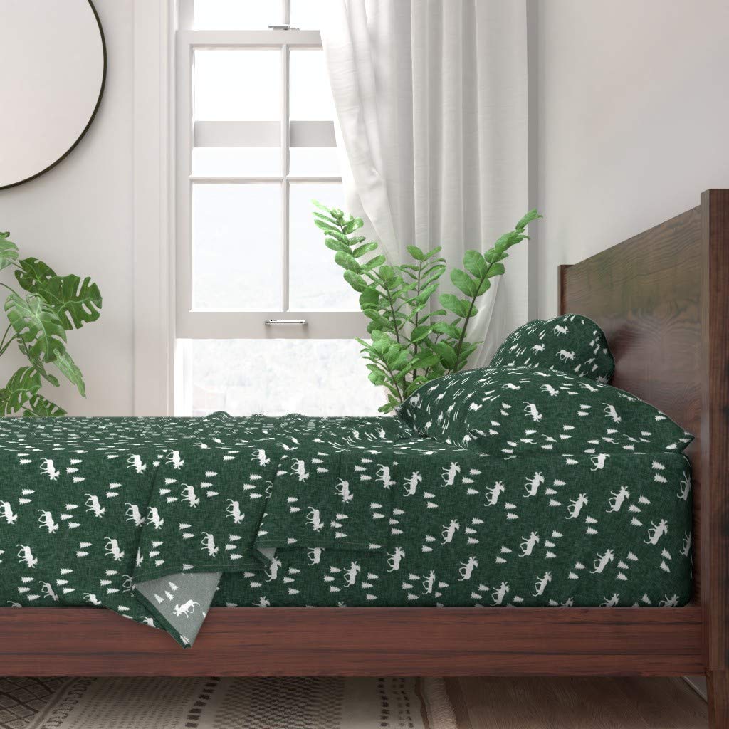 Premium 100% Cotton Twin 3-Piece Sheet Set - Christmas Moose Silhouette Winter Forest Design in Green & White | Trendy Holiday Bedding for Cozy Winter Nights & Festive Home Decor