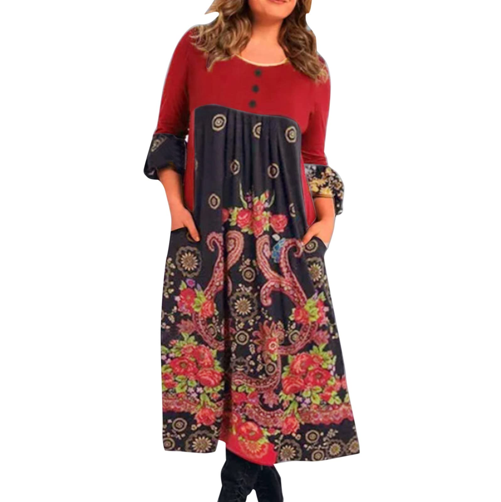Women's Fashion Summer Dress - Long Sleeve Printed Maxi Skirt with Pockets, White Flowy Dress for Casual Wear, Beach Outings and Date Nights