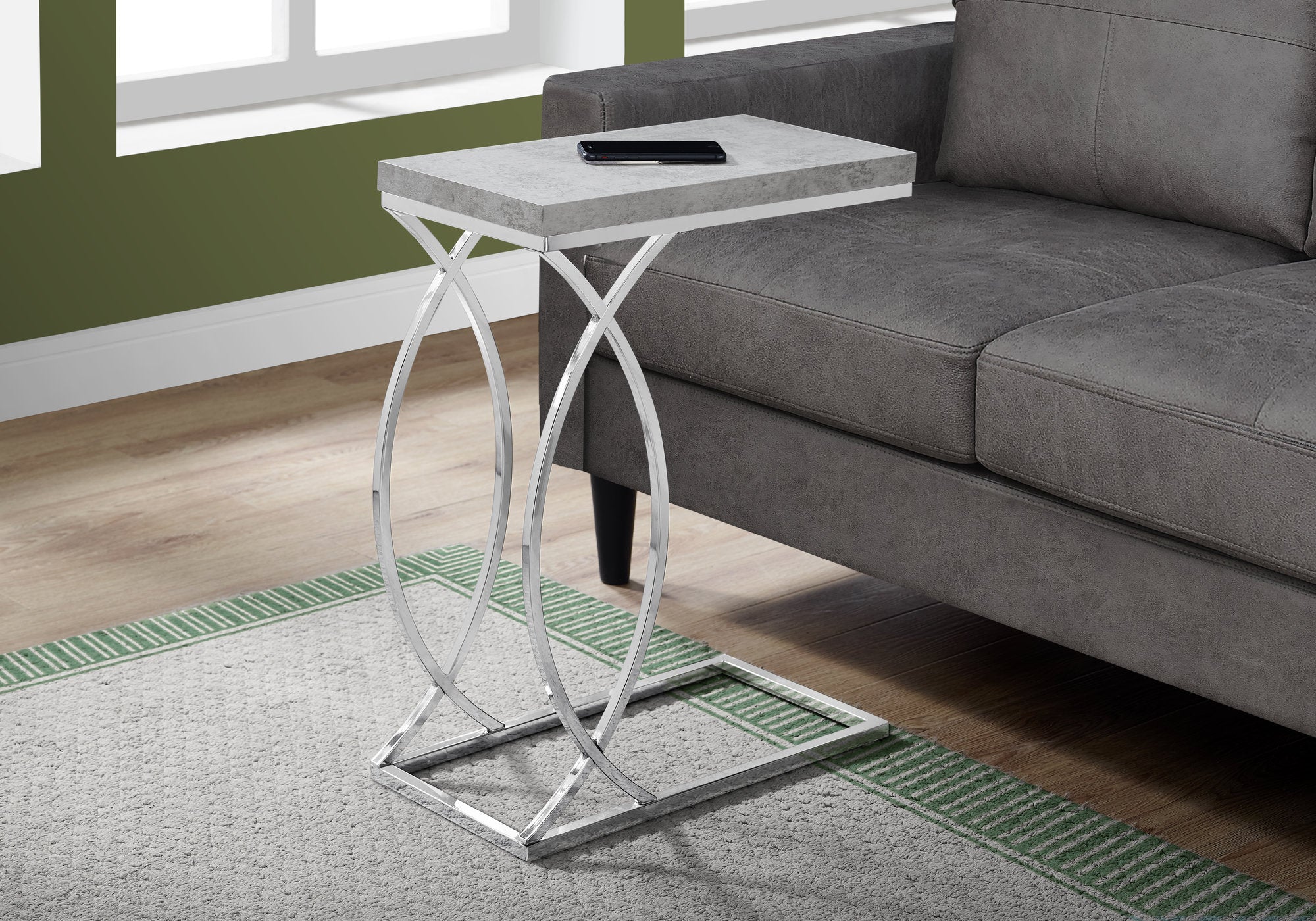Modern Grey Cement Accent Table with Chrome Metal Base - Perfect for Living Room, Bedroom, or Office Decor