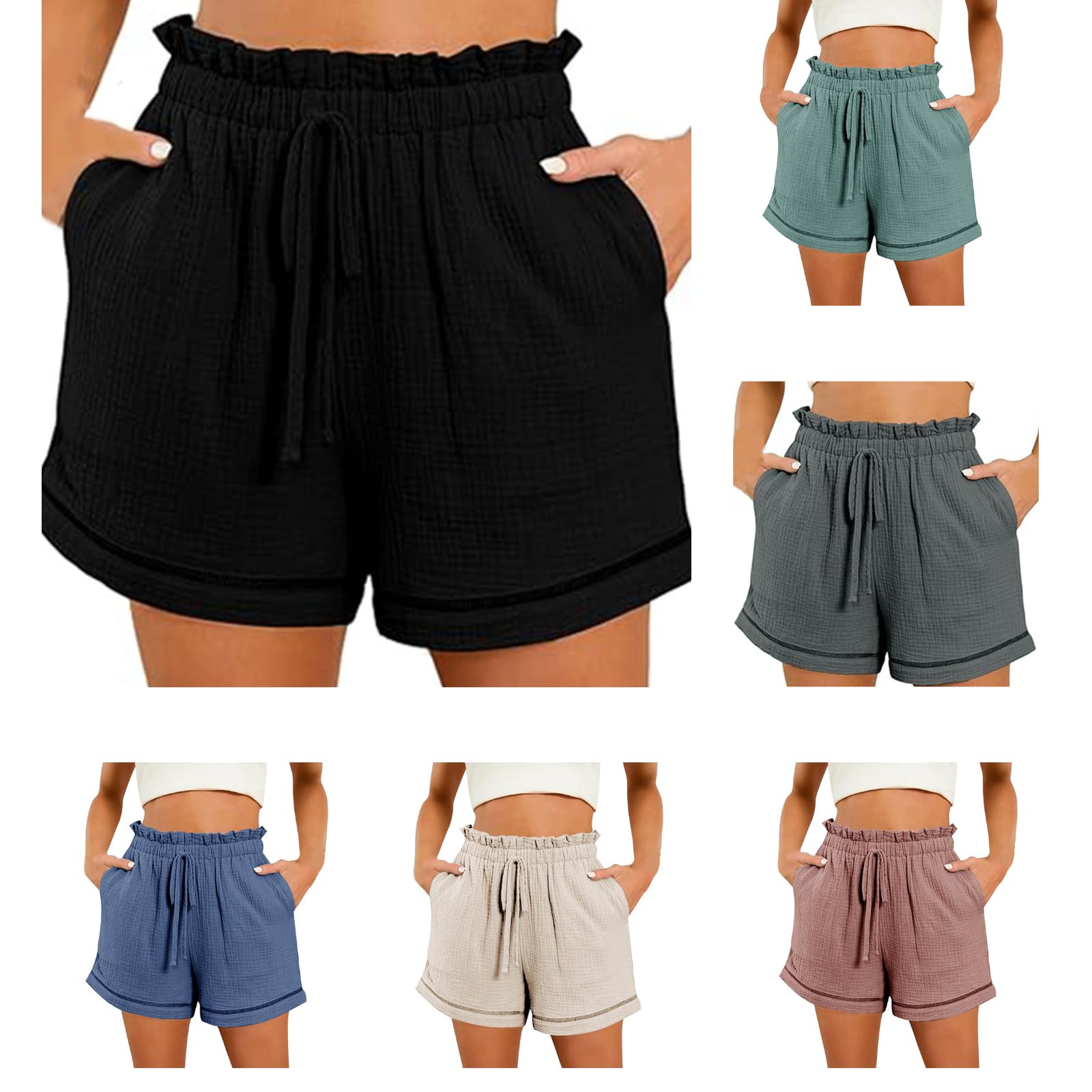 Women's High Rise Elastic Waist Drawstring Shorts - Stretchy Summer Lounge Shorts with Pockets for Casual Wear, Yoga, and Beach Vacation