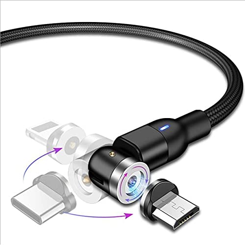 3-in-1 Magnetic Fast Charging Cable with 540° Rotation - 3ft Nylon Braided USB C/Micro USB Cable for iPhone & Android - Perfect for Home, Office & Travel Charging
