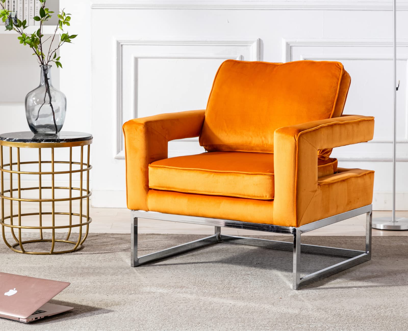 EALSON Velvet Accent Chair - Modern Upholstered Barrel Armchair with Open Back & Chrome Base - Comfortable Reading Club Chair for Living Room, Bedroom, Office - Perfect for Relaxing, Reading & Home Decor (Orange)