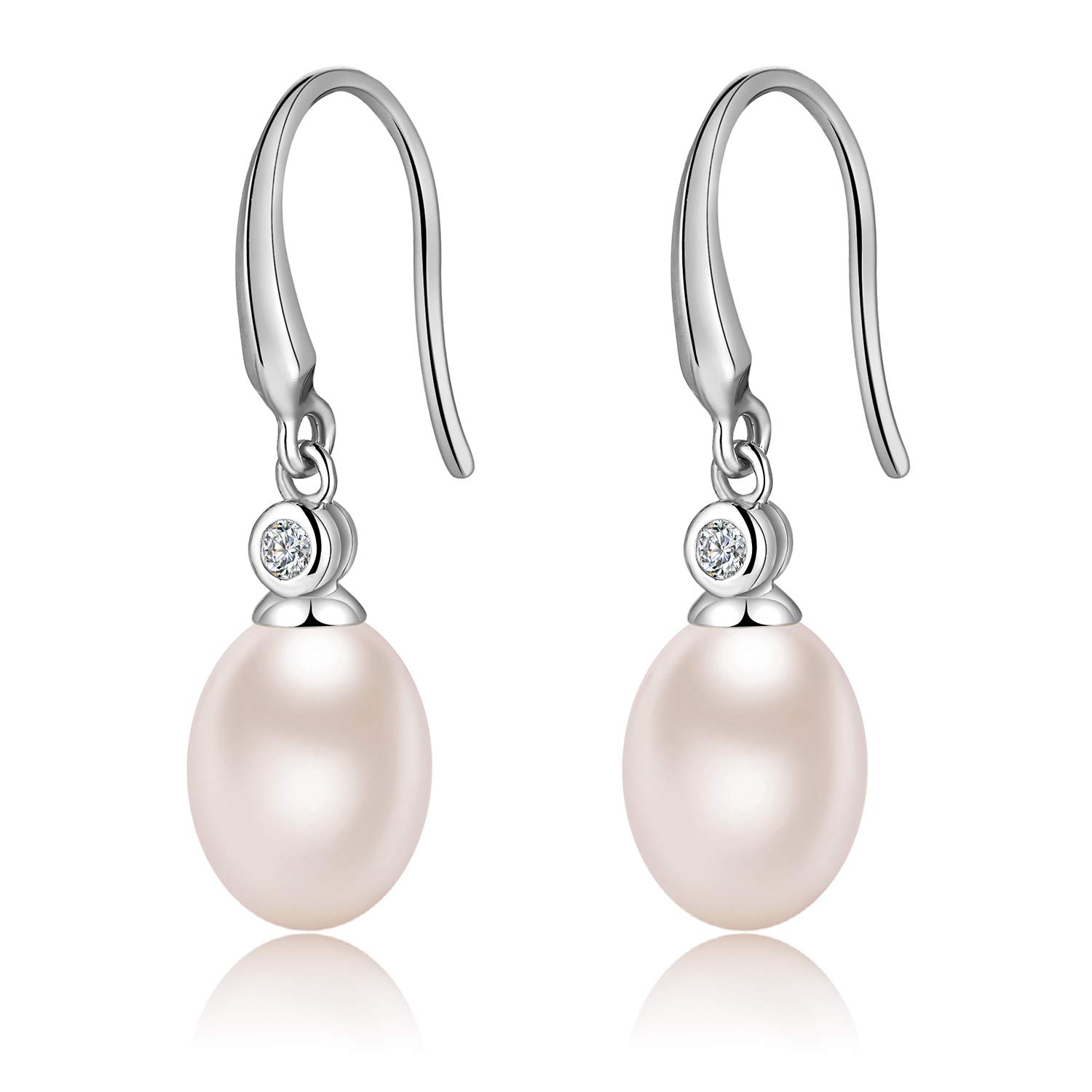 925 Sterling Silver Pearl Dangle Earrings for Women | 8MM-10MM Diamond Accent Pearl Jewelry | Elegant Gift for Weddings, Parties & Special Occasions