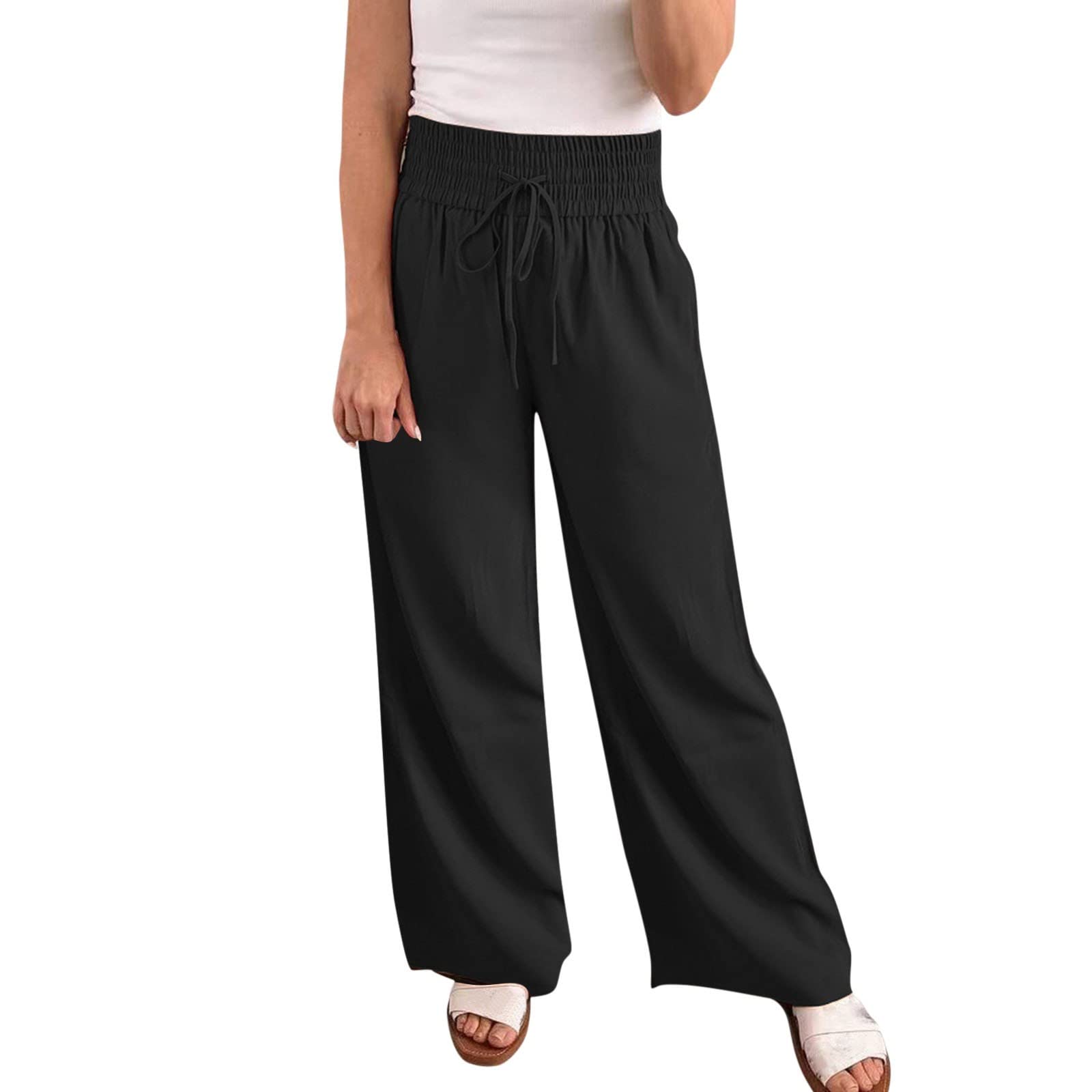 FENGQI Women's Wide Leg Pants - High Waist Loose Casual Trousers with Lace Up Detail | Comfortable Straight Leg Lounge Pants for Home, Office & Travel
