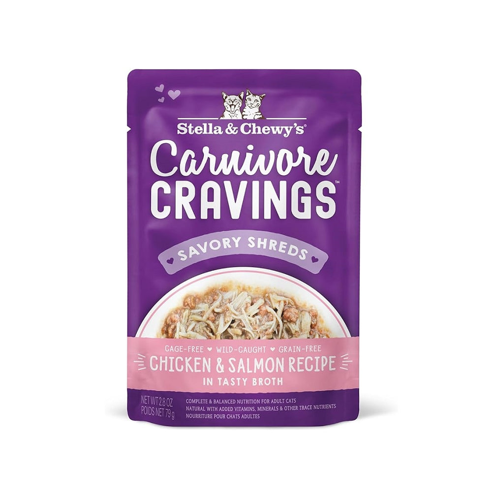 Premium Carnivore Cravings Chicken & Salmon Cat Food - 100% Complete & Balanced Diet in Tasty Broth (Savory Shreds) - Wet Cat Food Pouches for Adult & Senior Cats - Perfect for Picky Eaters & Mealtime Enrichment