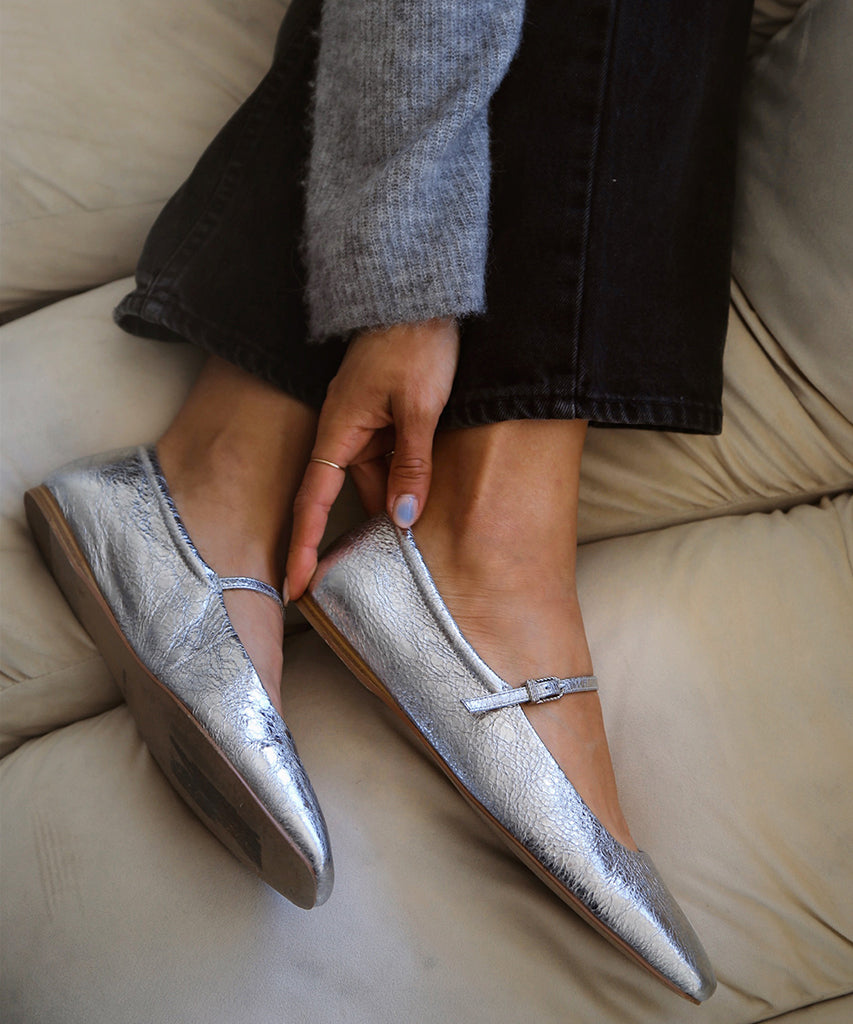 REYES Women's Ballet Flats - Silver Distressed Leather Slip-On Shoes for Comfort & Style | Perfect for Casual Wear, Office & Travel